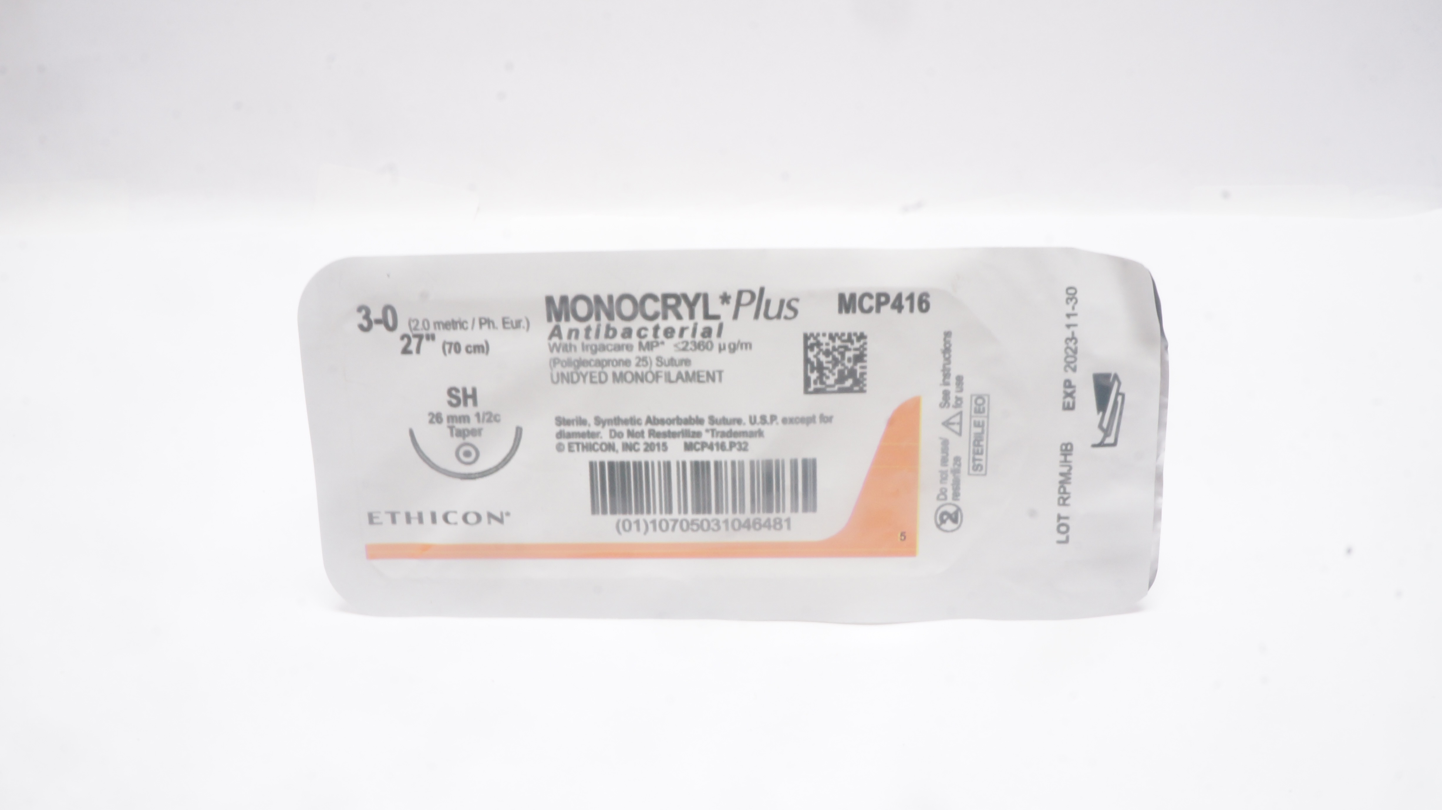 Ethicon MCP416 3-0 MONOCRYL Plus, SH, 26mm 1/2c Taper, 27inch