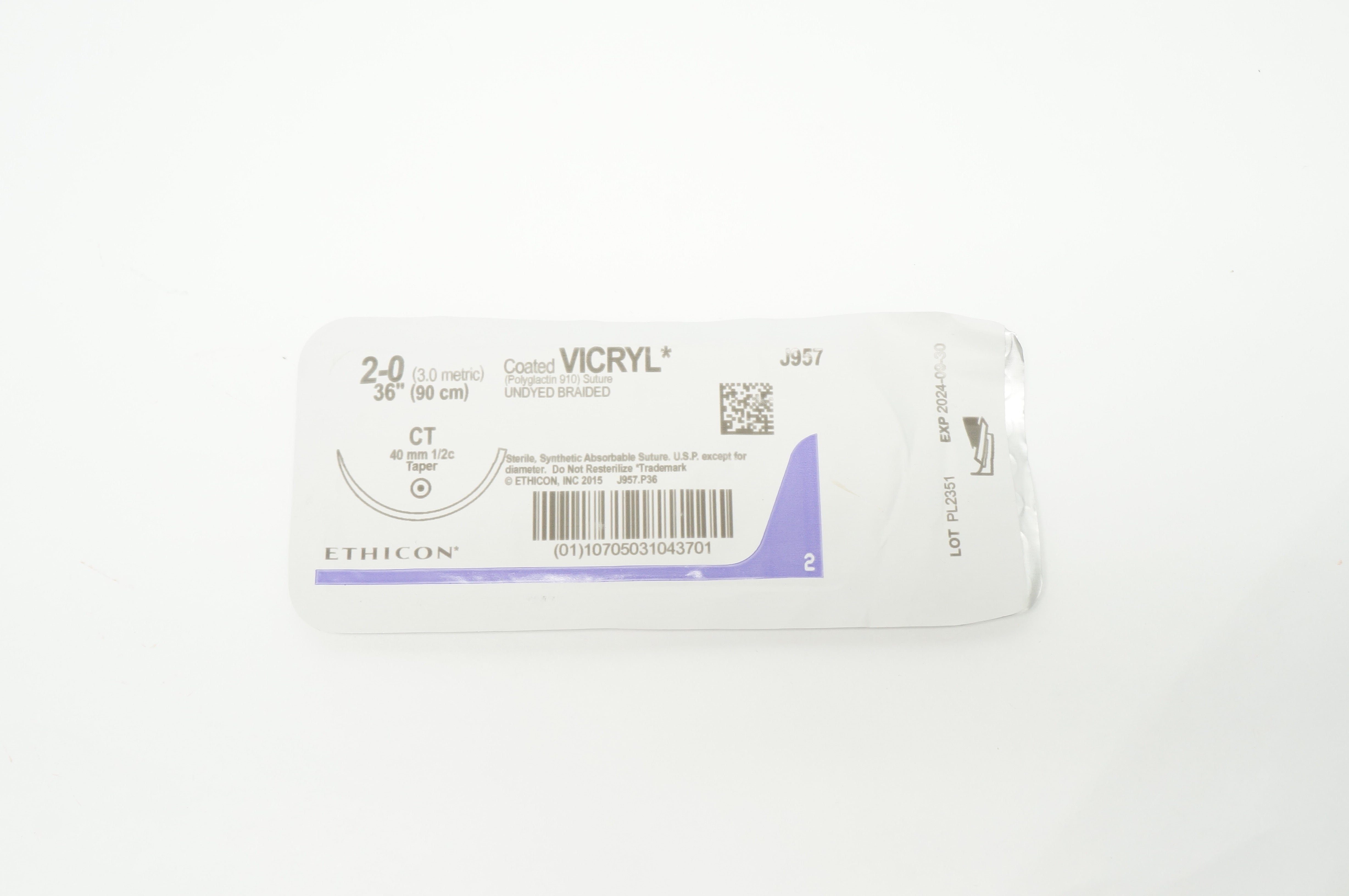 Ethicon J957 2-0 Coated VICRYL CT 40mm 1/2c Taper 36inch