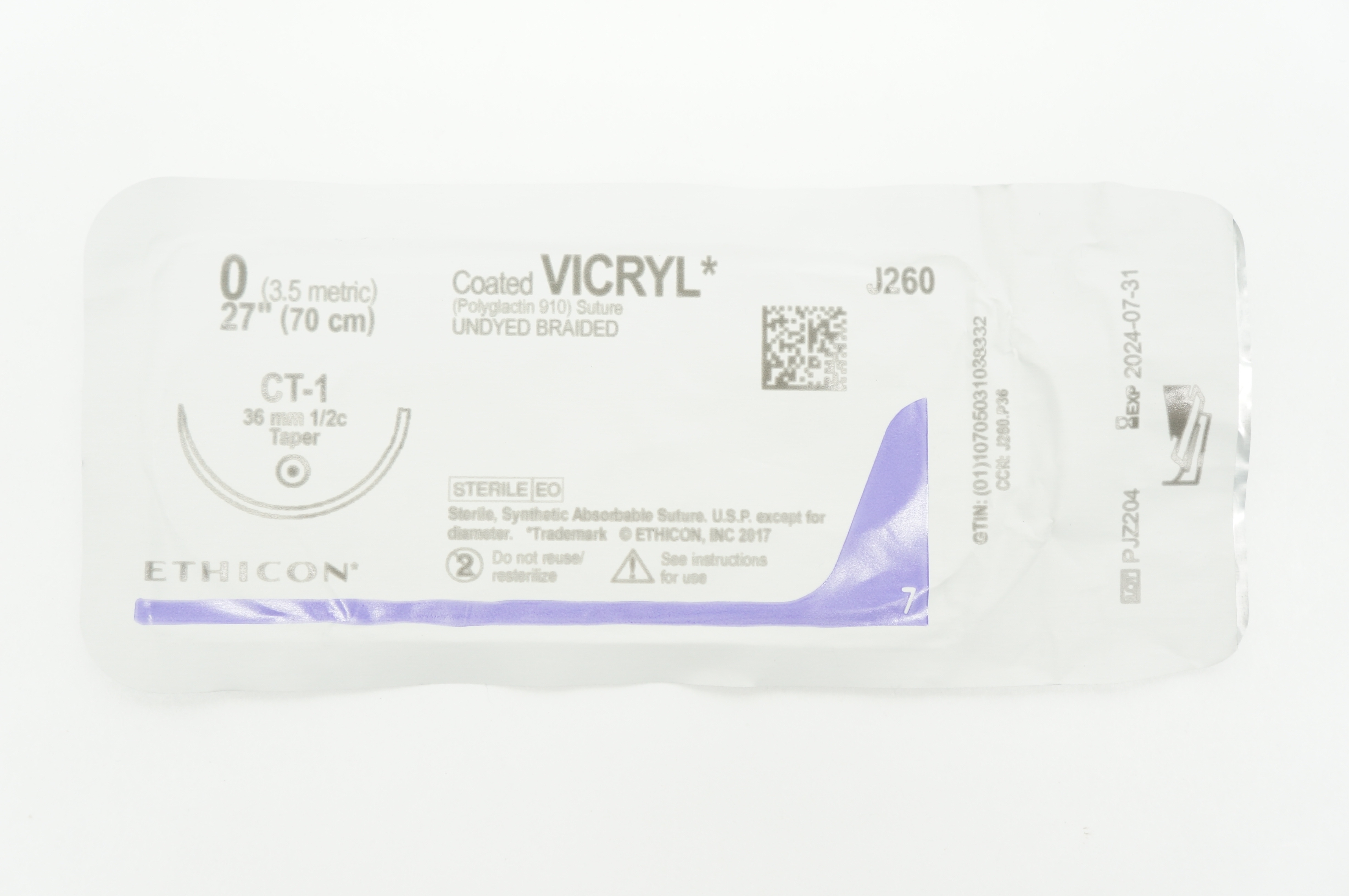 Ethicon J260 0 VICRYL Undyed Braided, CT-1 36mm 1/2c Taper 27 inch