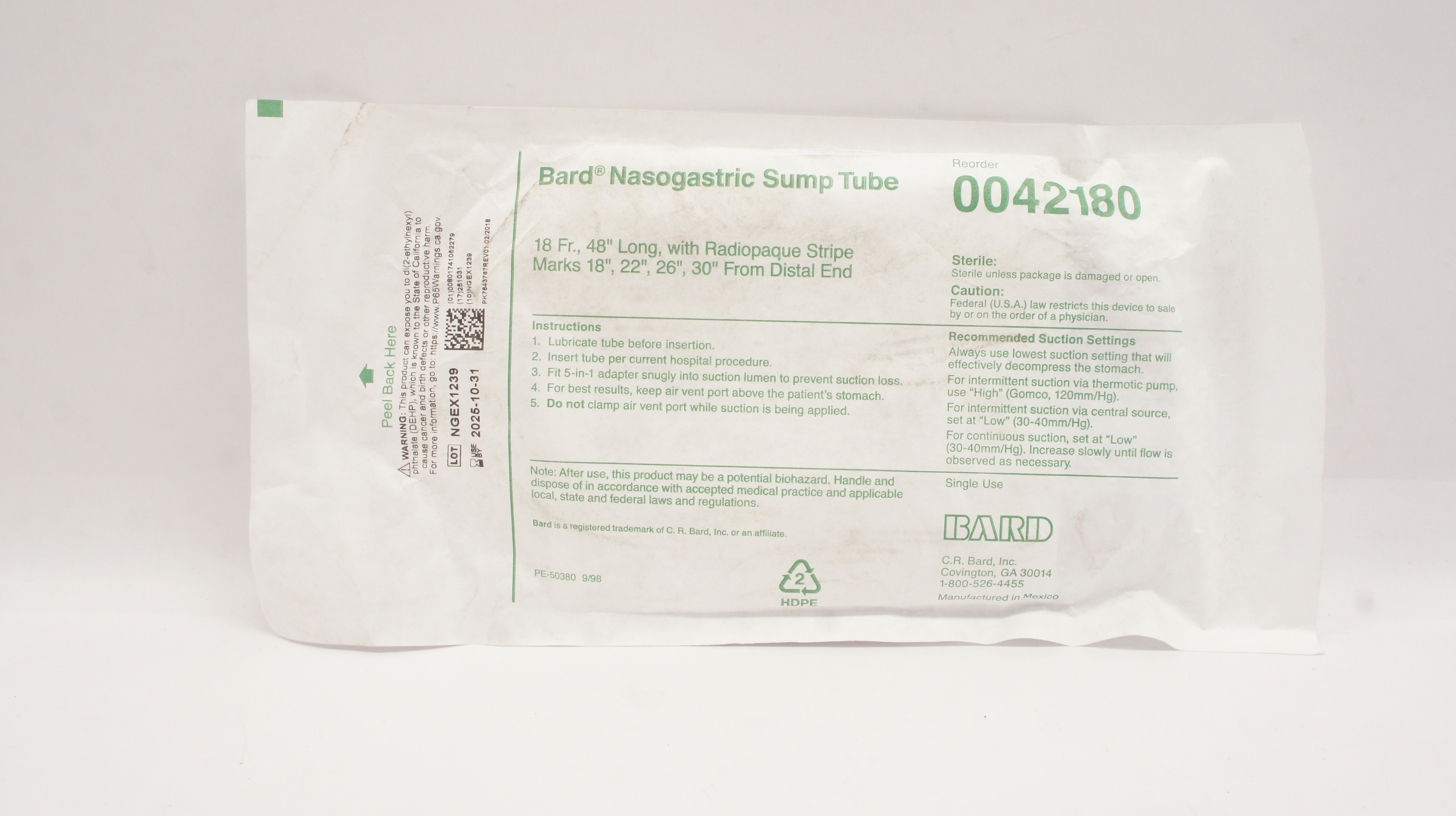 Bard 0042180 Nasogastric Sump Tube 18Fr. x 48Inch