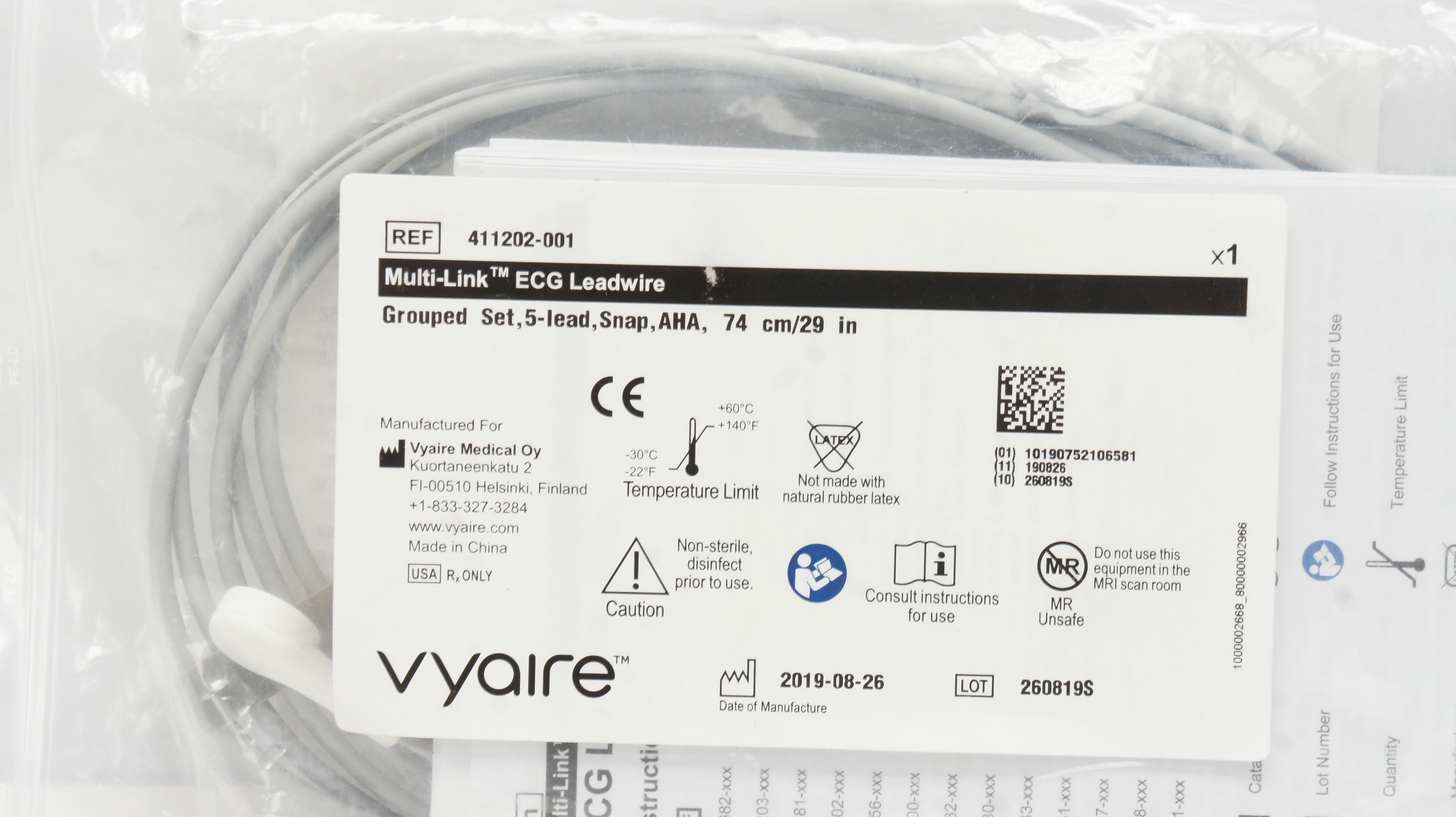 Vyaire 411202-001 Multi-Link ECG Leadwire Grouped Set, 5-Lead Snap AHA, 29inch