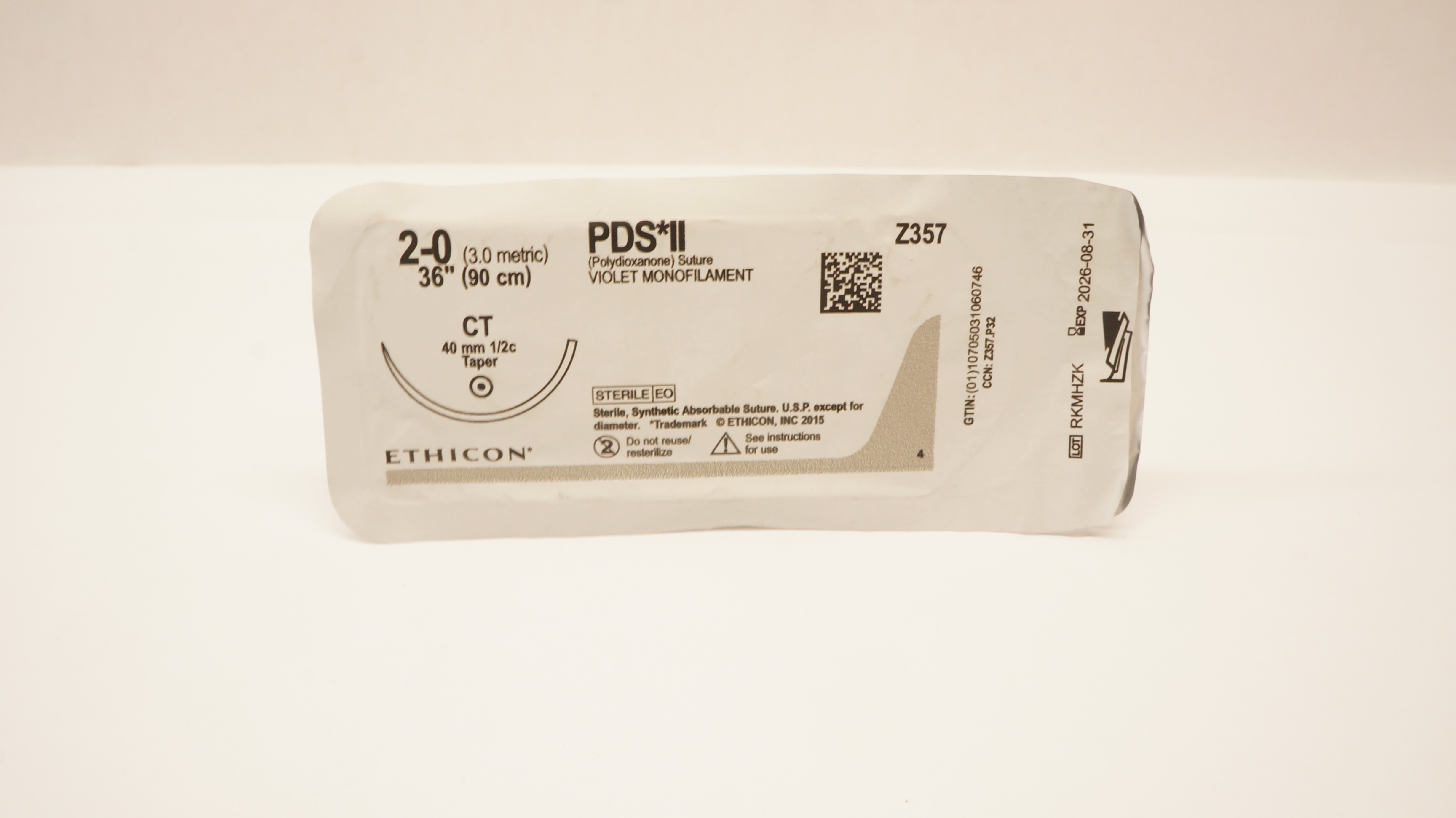 Ethicon Z357 2-0 PDS II Violet Monofilament, CT, 40mm 1/2c Taper, 36inch