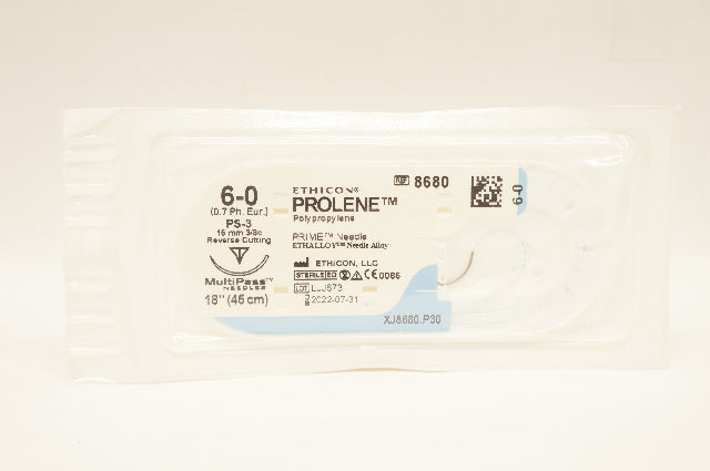 Ethicon 8680 6-0 Prolene PolypropyleneStre PS-3 16mm 3/8c Reverse Cutting 18inch