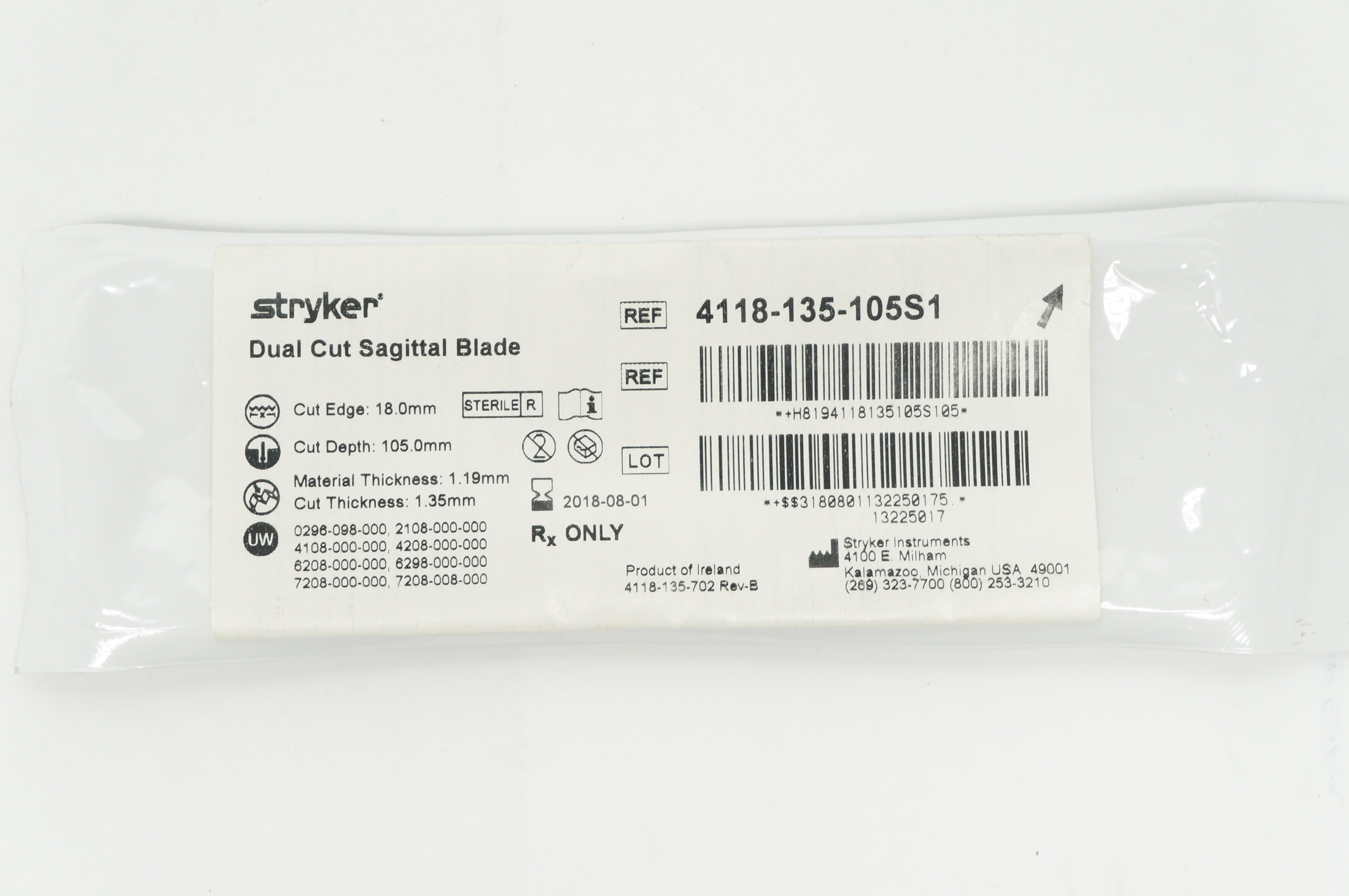 Stryker 4118-135-105S1 Dual Cut Sagittal Blade 18.0mm x 105mm x 1.35mm (x)