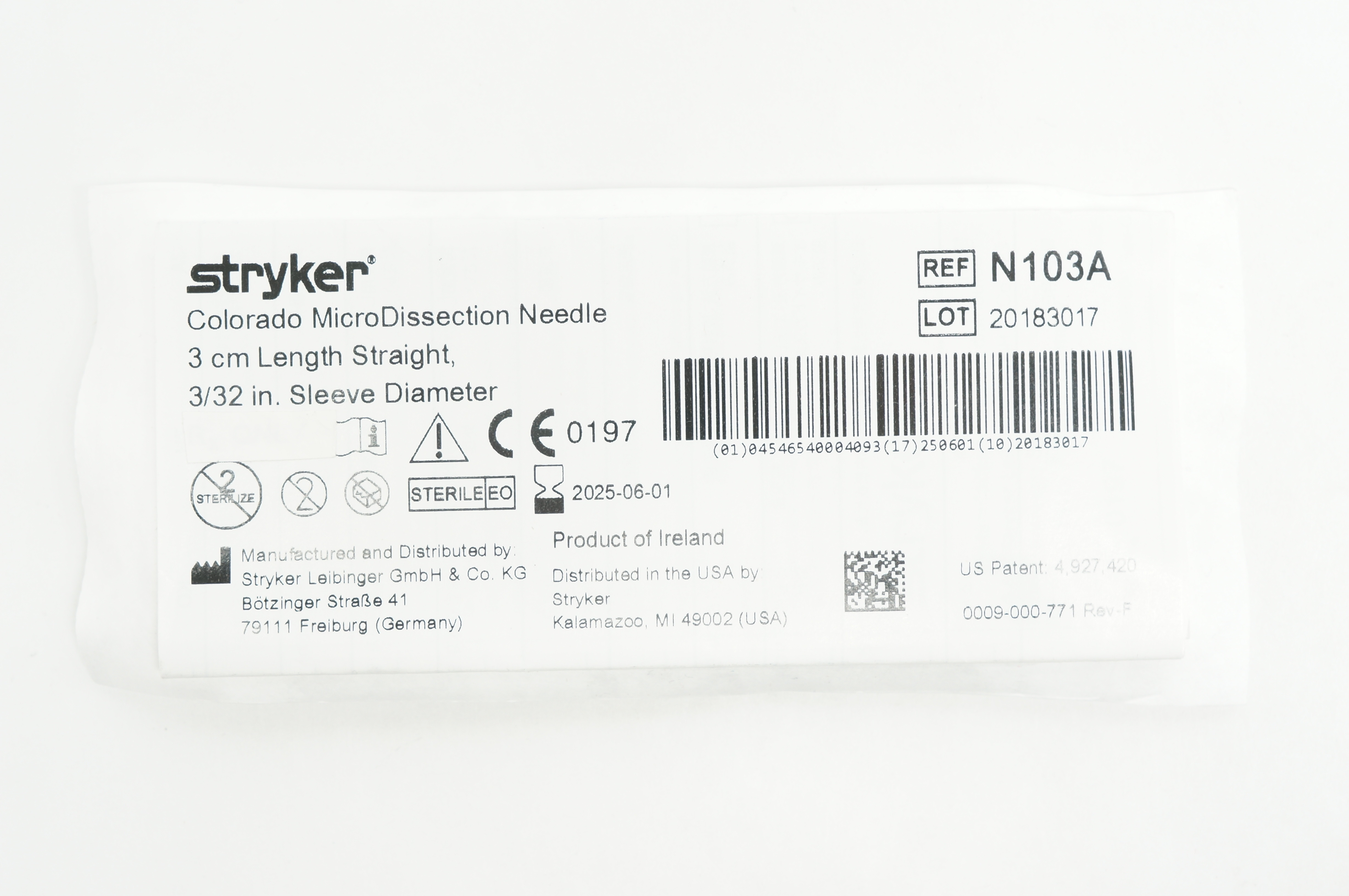 Stryker N103A Colorado MicroDissection Ndle 3cm x 3/32inch Sleeve Diameter