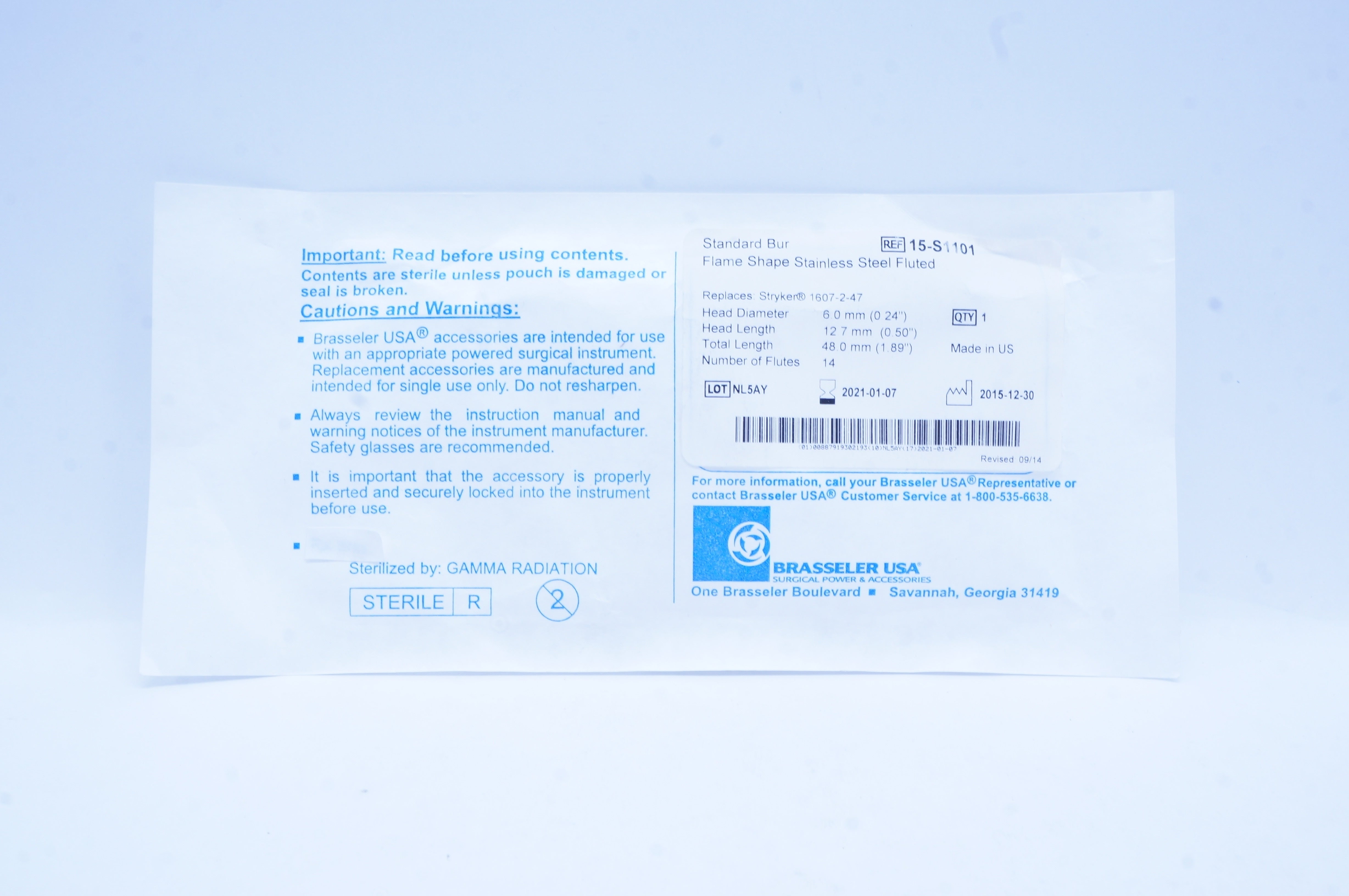 Brasseler 15-S1101 Standard Bur Flame Shape Fluted 0.24 x 0.50 x 1.89 inch (x)