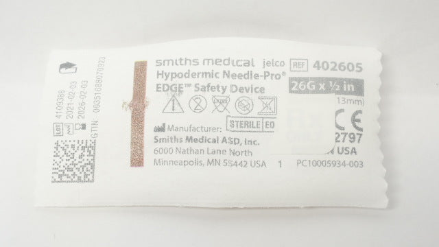 Smiths Medical 402605 Jeico Hypodermic Ndle-Pro EDGE Safety Device 26G x 1/2inch