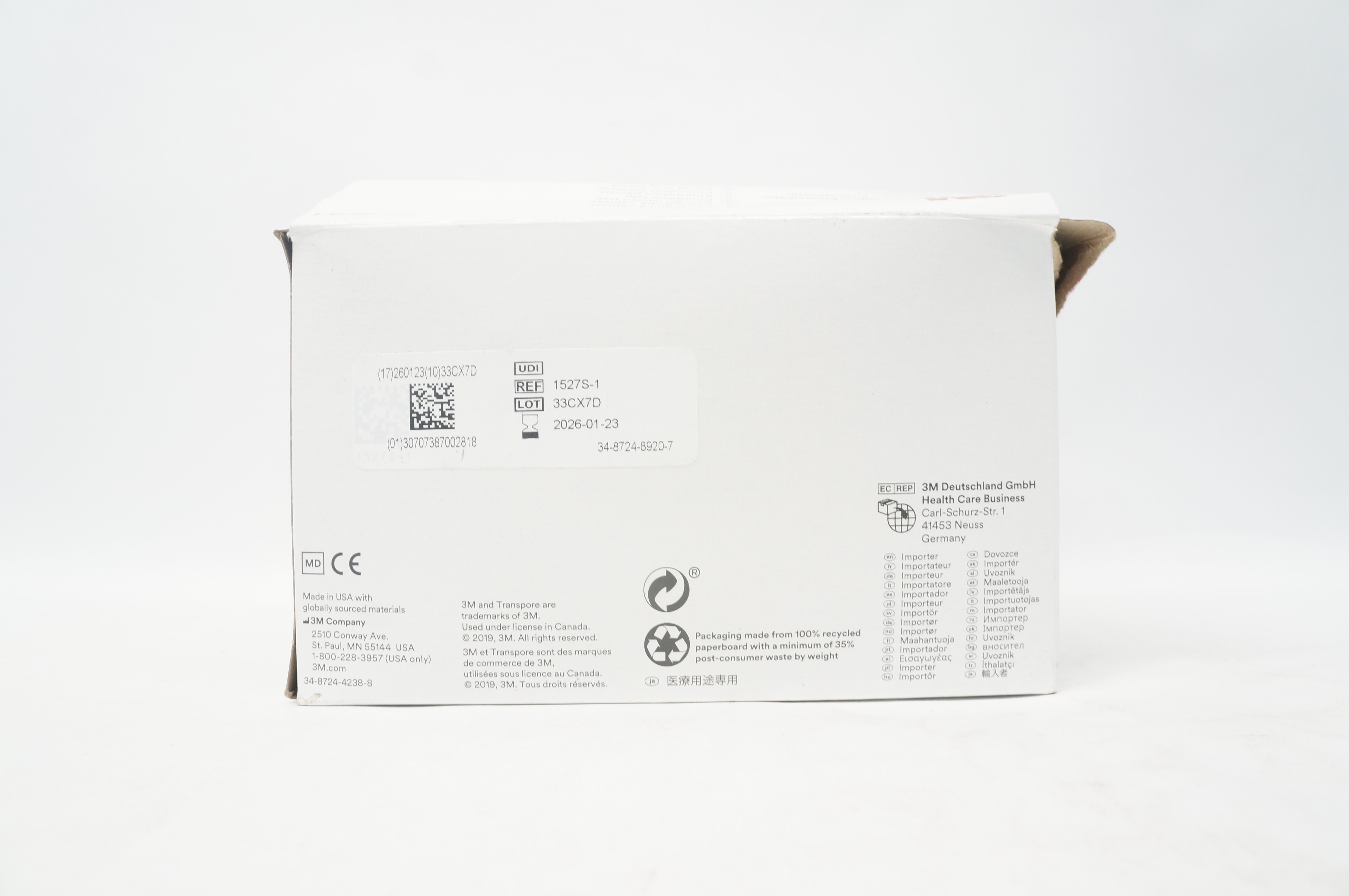 3M 1527S-1 Transpore Surgical Tape 1inch x 1.5yd - Box of 100