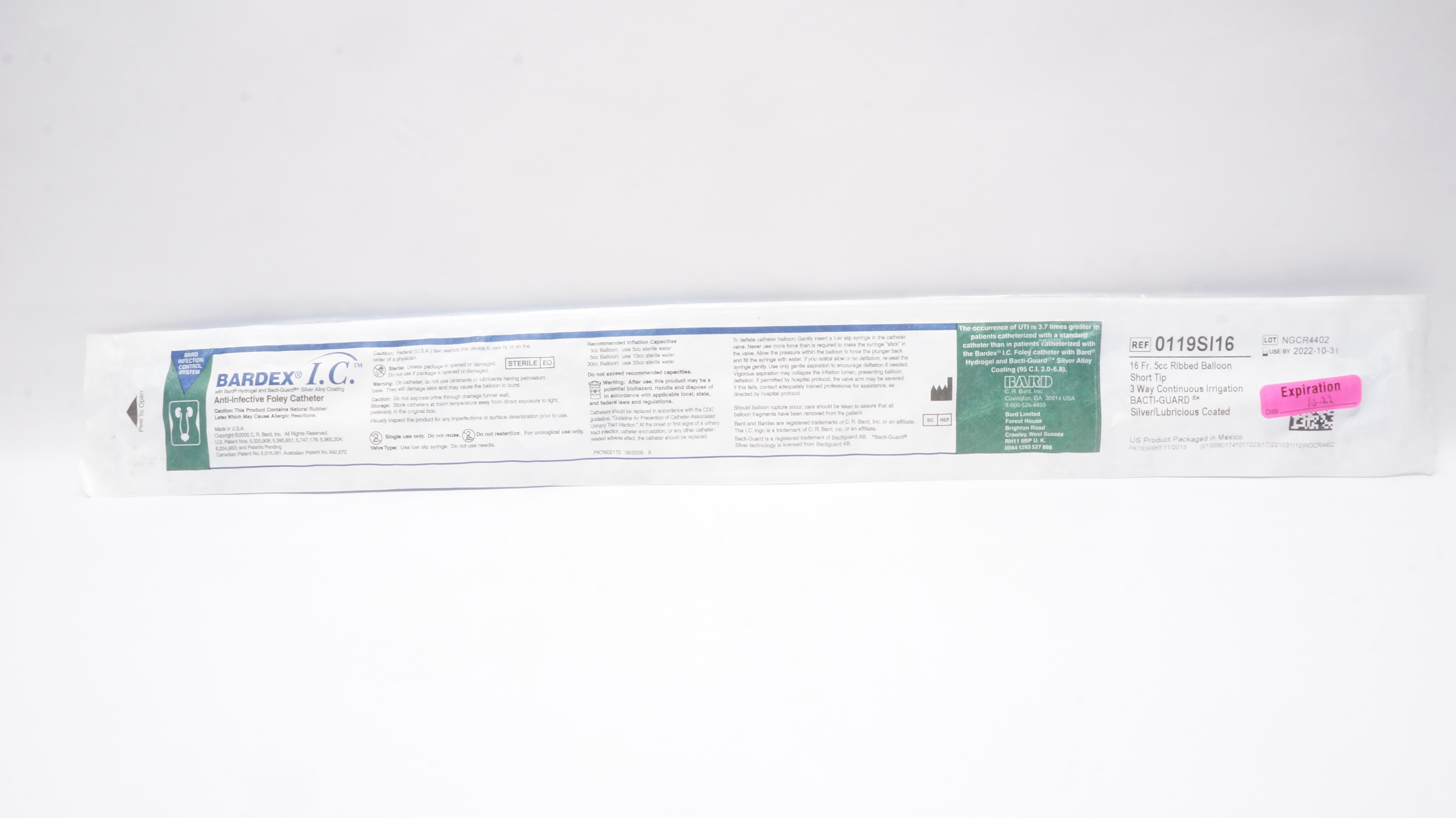 Bard 0119SI16 Bardex I.C. Anti-Infective Foley Cath. 16Fr 5cc Ribbed Balloon (x)