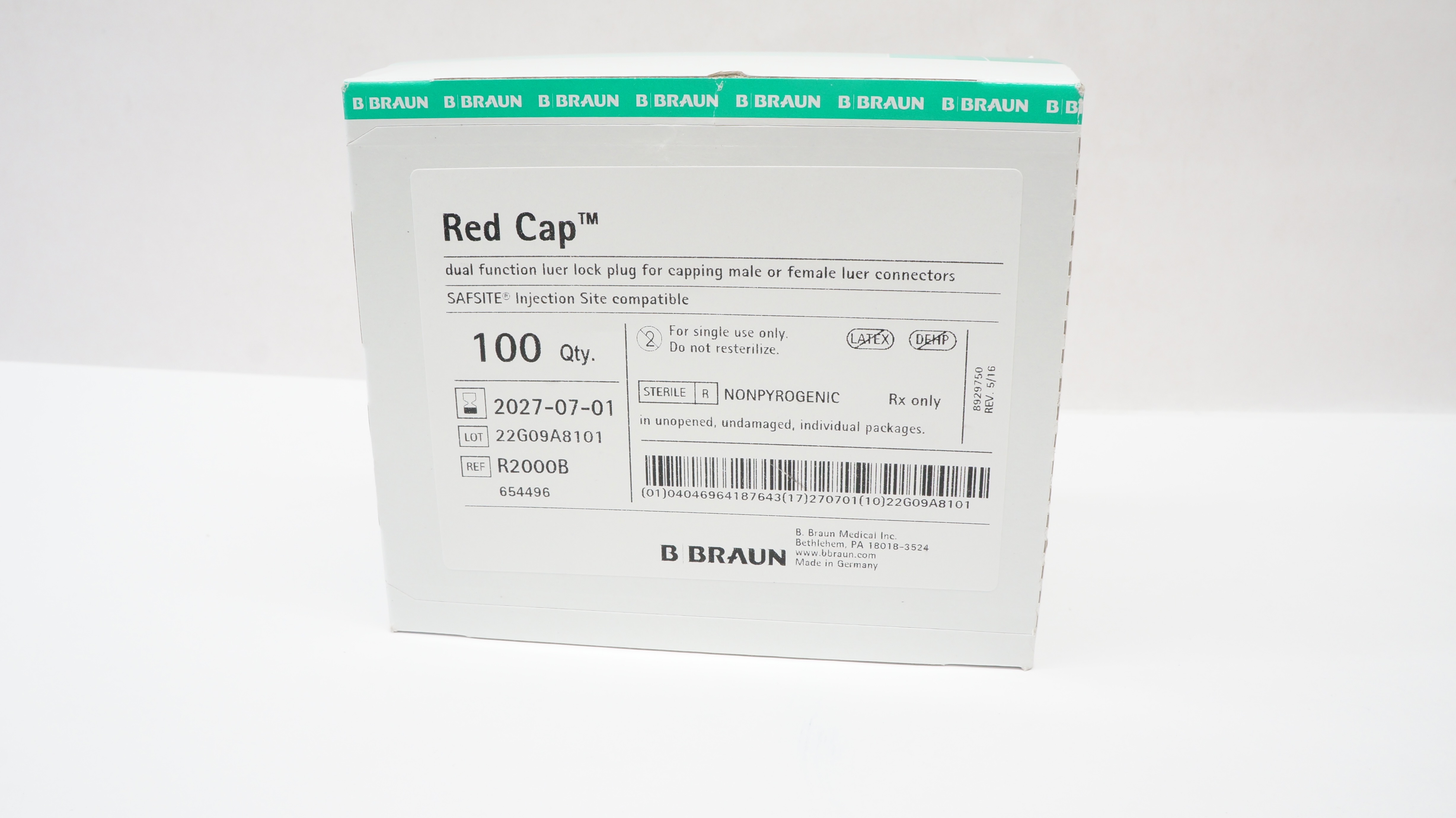 Braun R2000B Red Cap Dual Function Luer Lock Plug - Box of 100