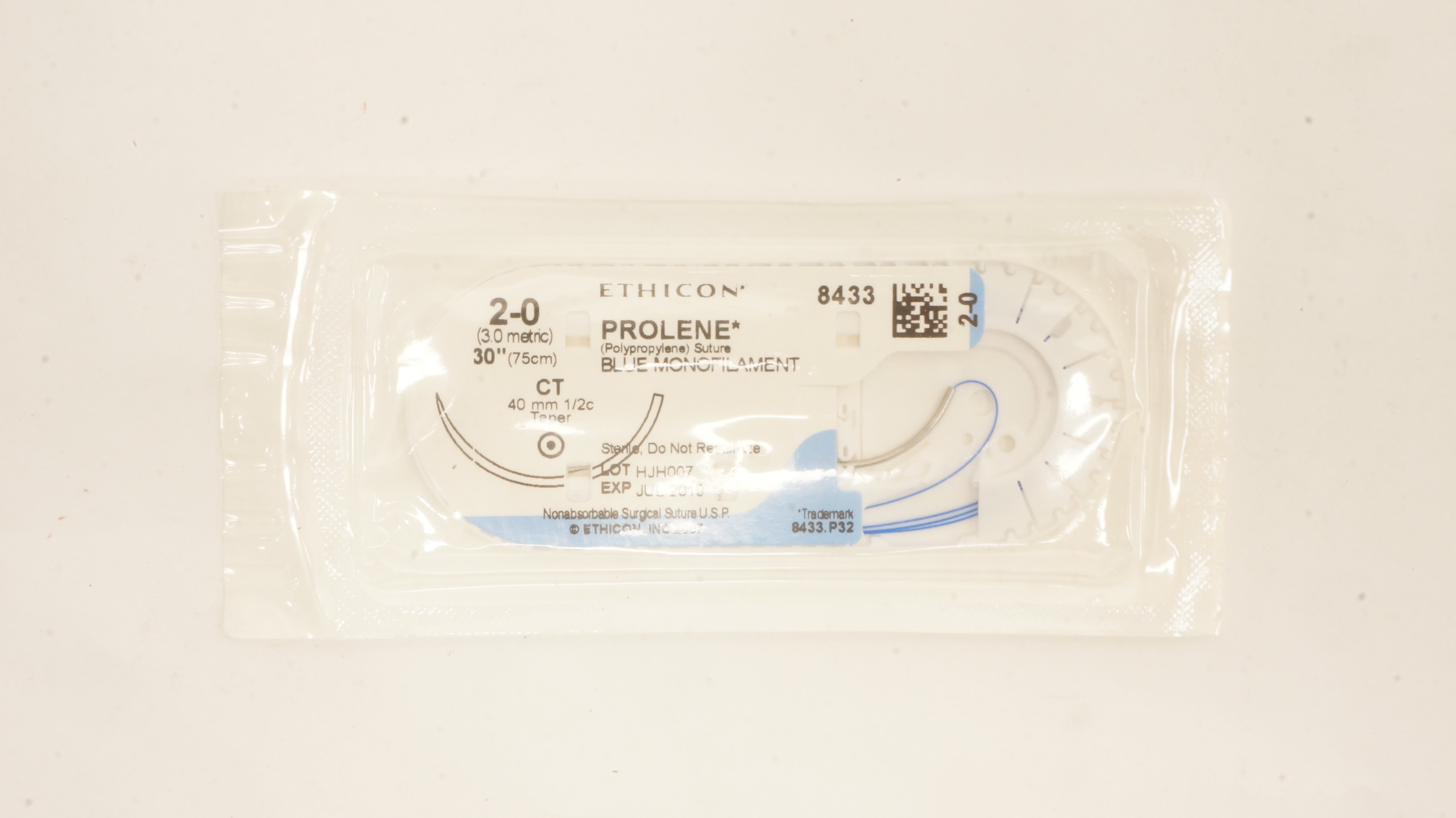 Ethicon 8433 2-0 PROLENE Stre Blue Monofilament CT 40mm 1/2c Taper, 30inch (x)
