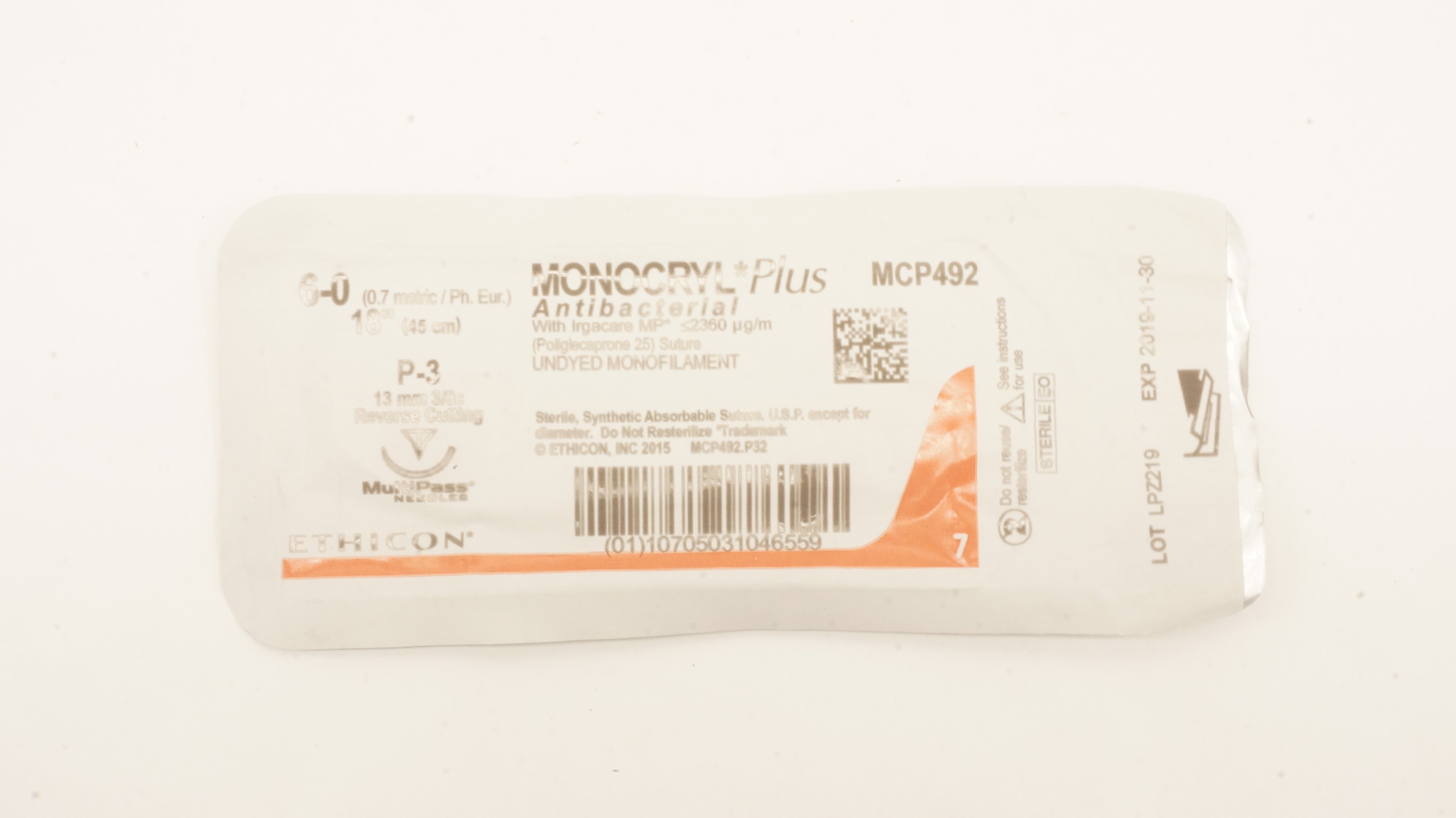 Ethicon MCP492 6-0 MONOCRYL Plus Stre P-3, 13mm 3/8c Reverse Cutting 18inch(x)