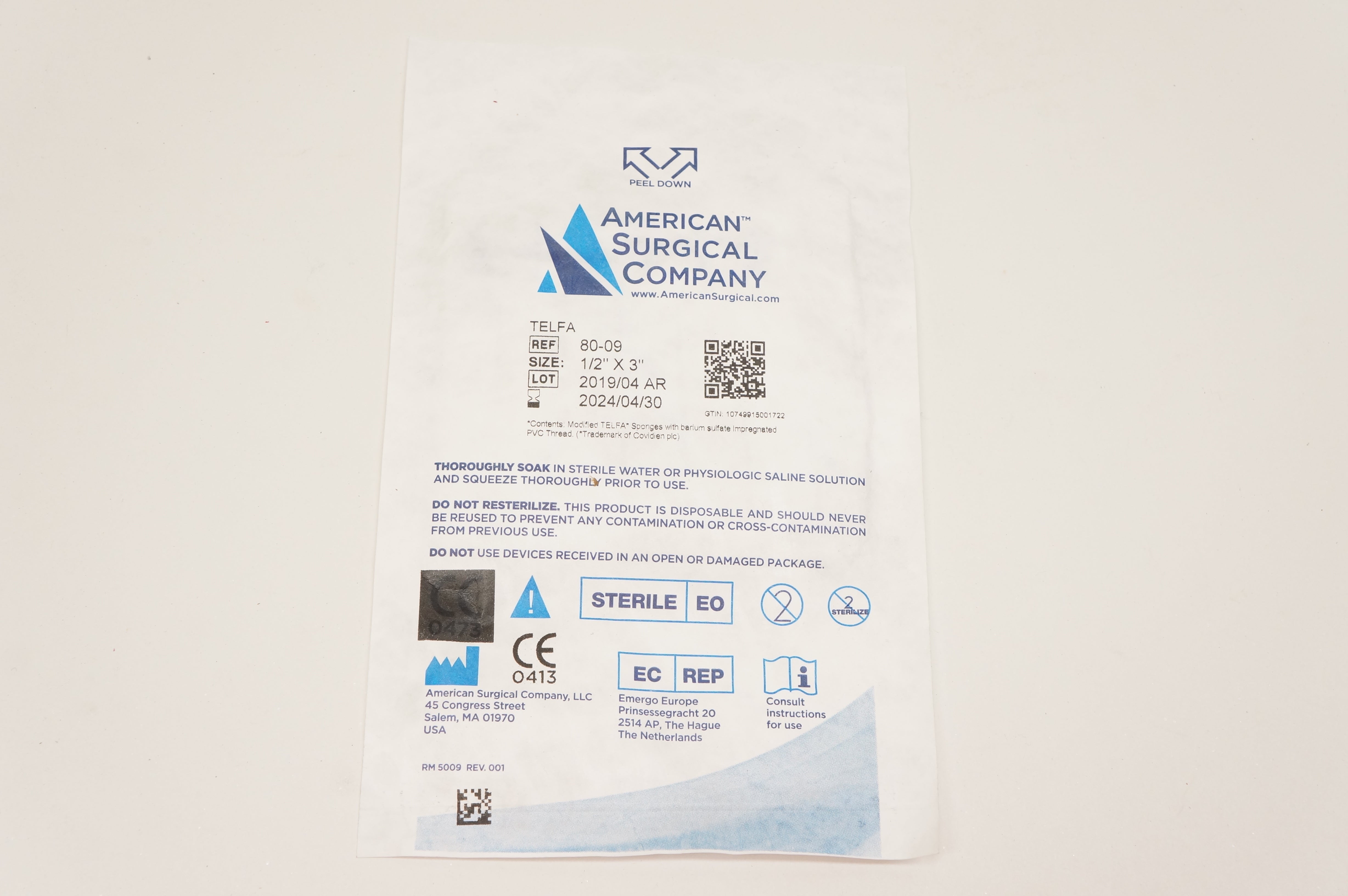 American Surgical 80-09 Telfa 1/2inch x 3inch