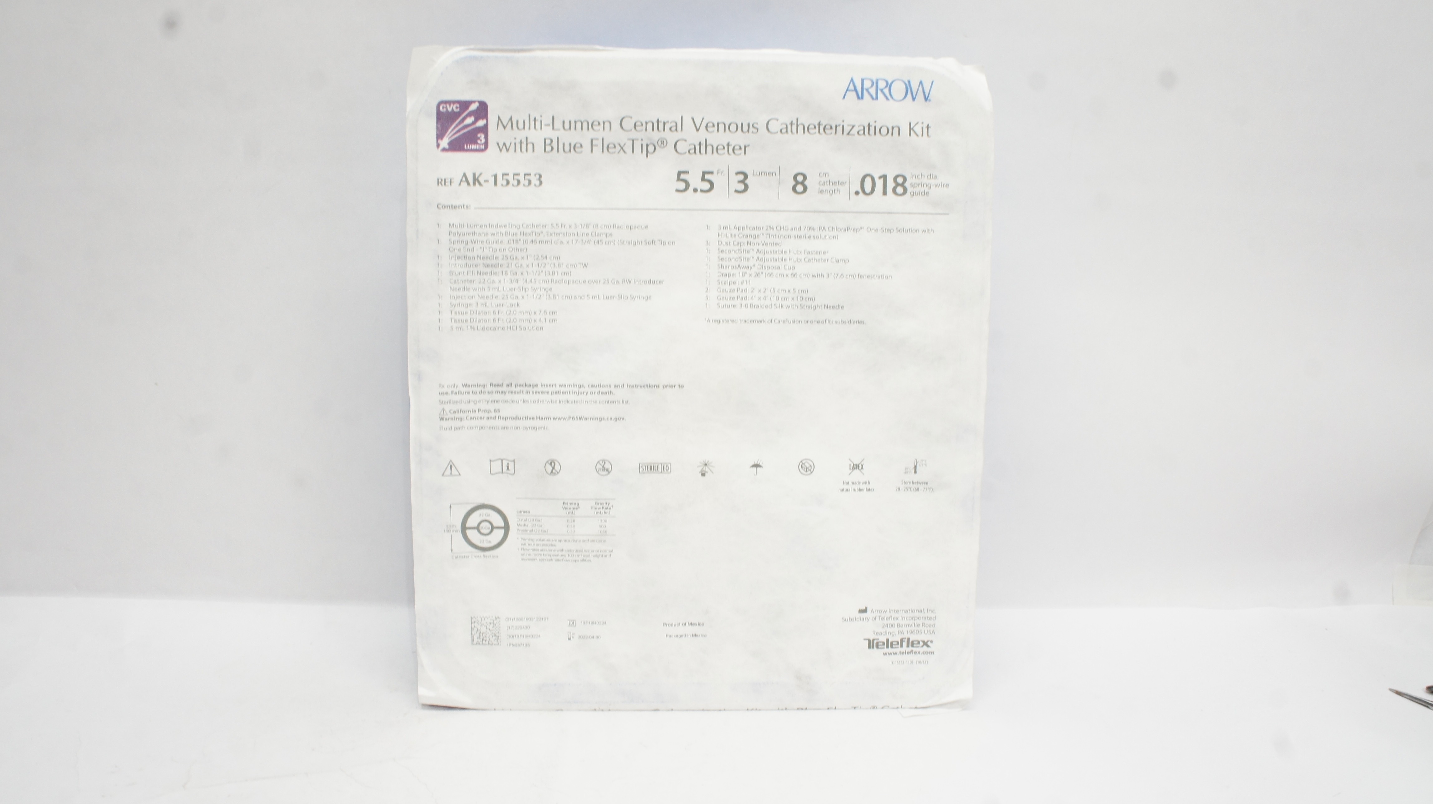 Arrow AK-15553 Multi-Lumen Central Venous Catheterization Kit 5.5Fr x 8cm (x)