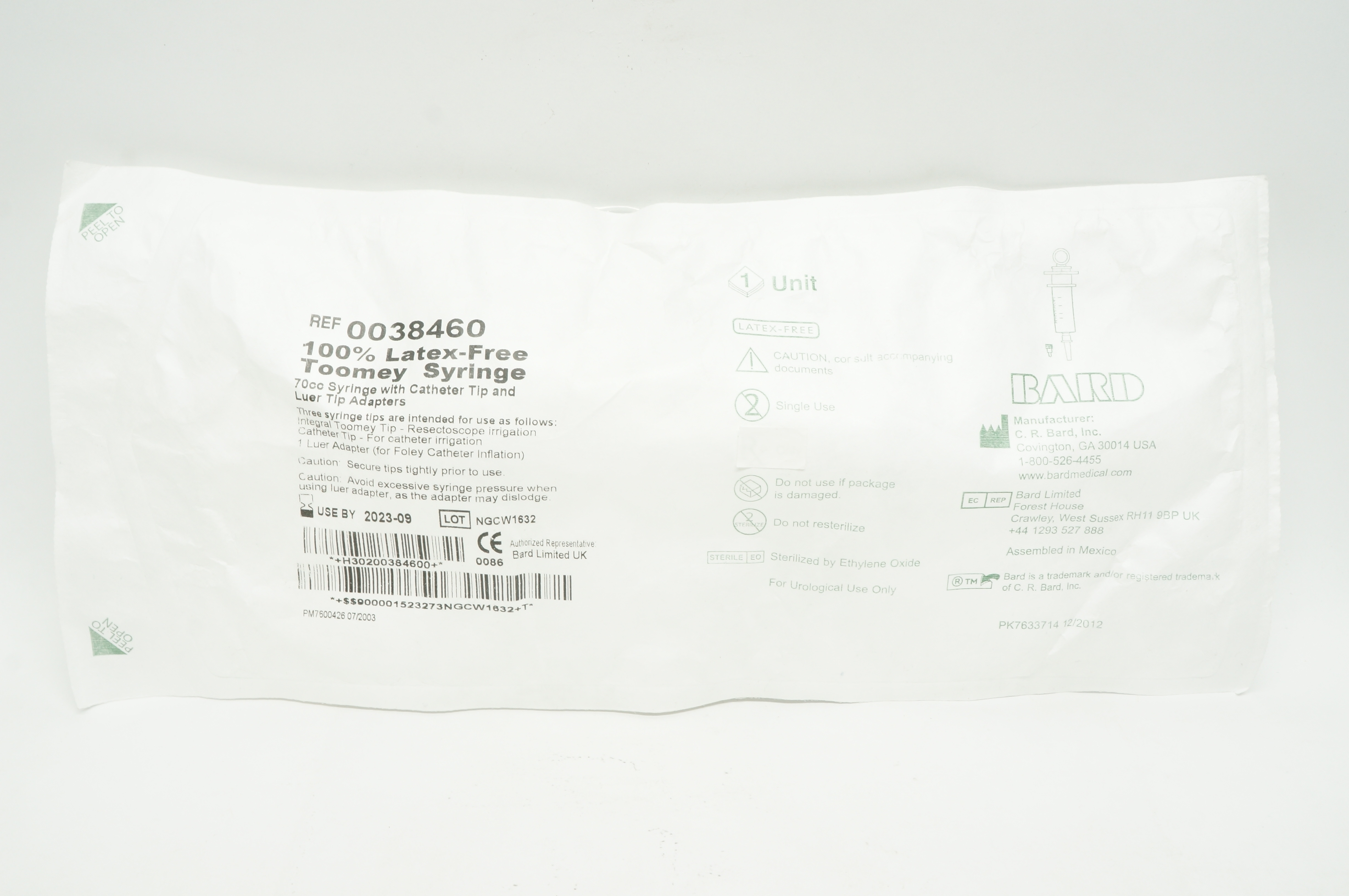 Bard 0038460 Toomey Syringe 70cc With Cath. Tip & Luer Tip Adapters (x)