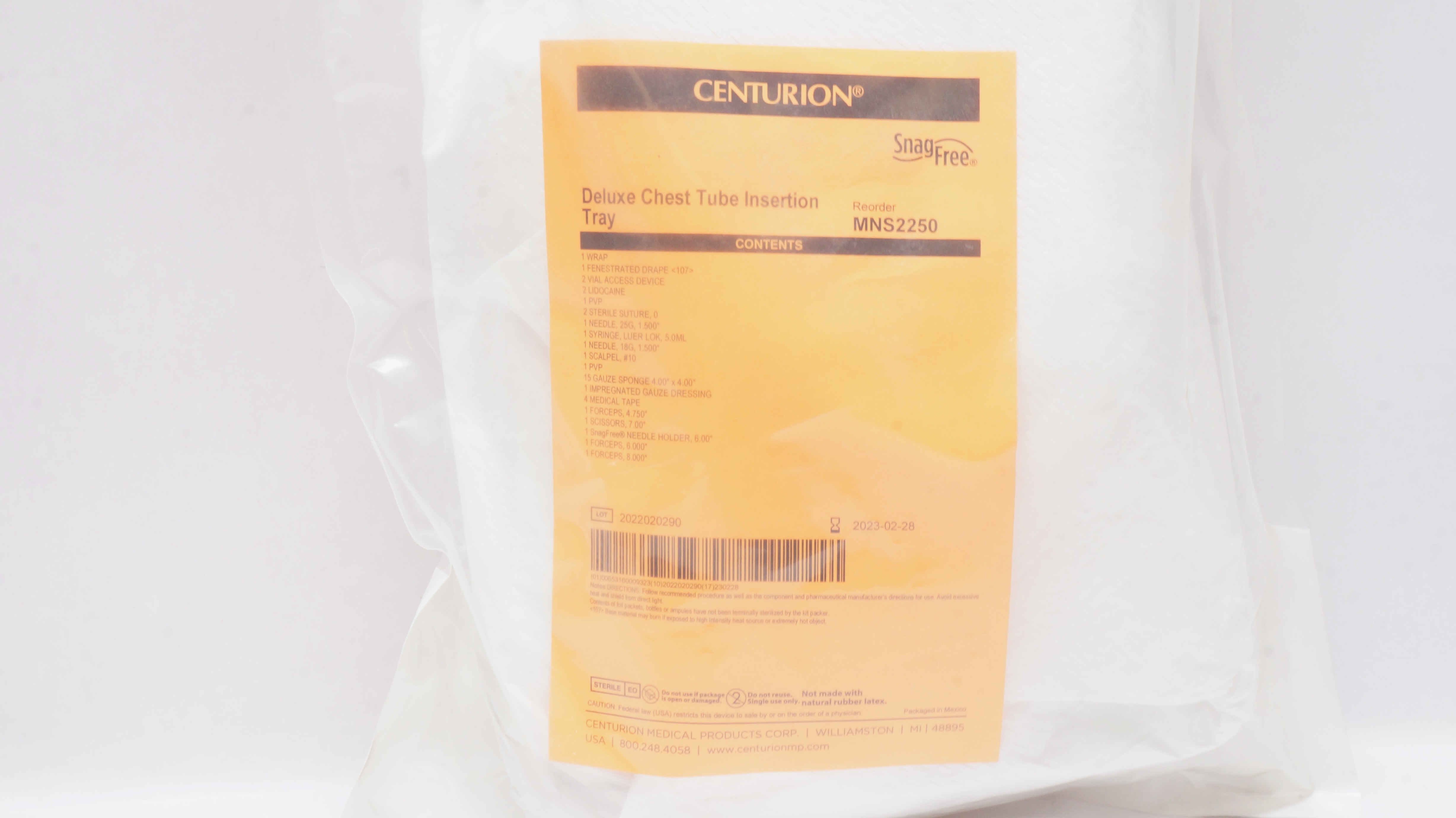 Centurion MNS2250 SnagFree Deluxe Chest Tube Insertion Tray (x)