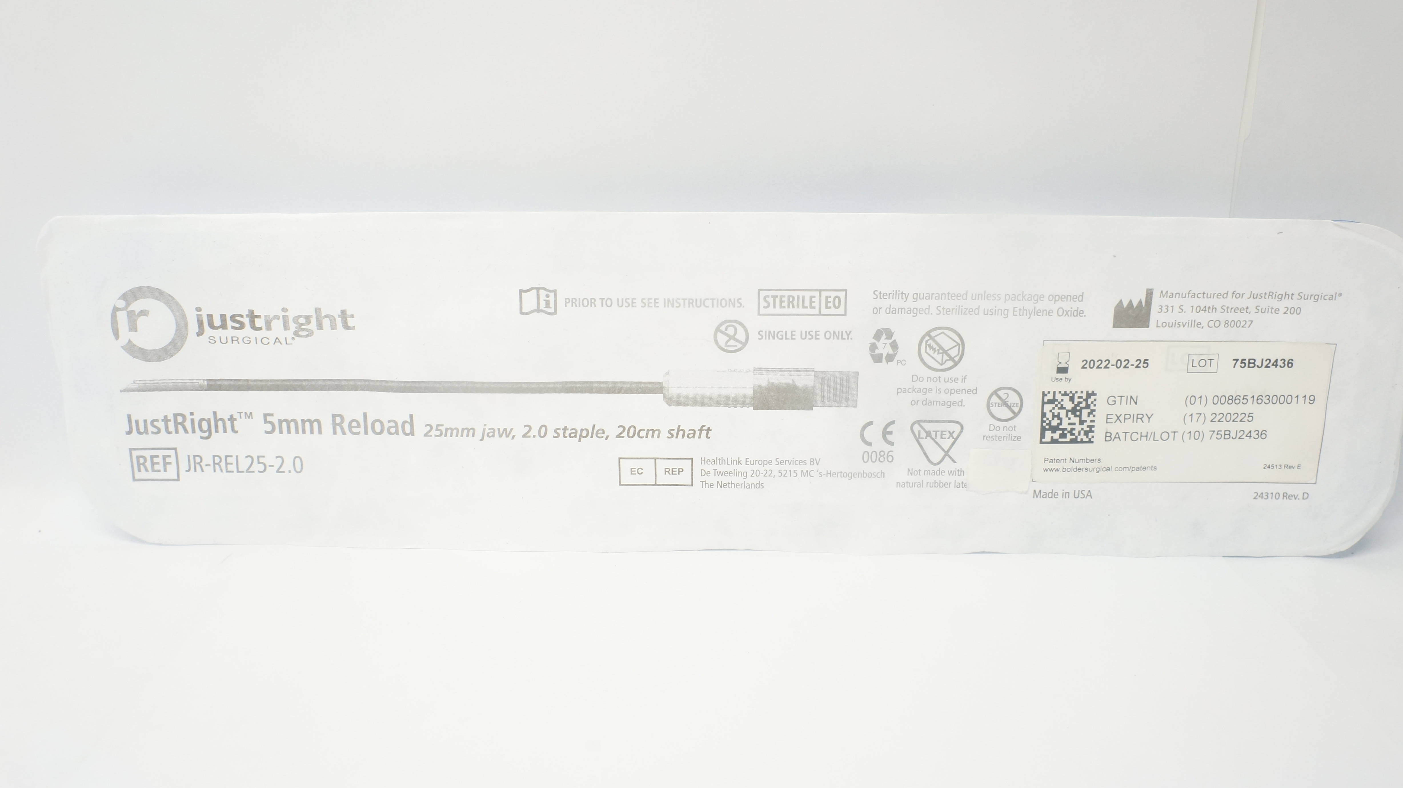 JustRight JR-REL25-2.0 5mm Reload 25mm Jaw 2.0 Staple 20cm Shaft (x)