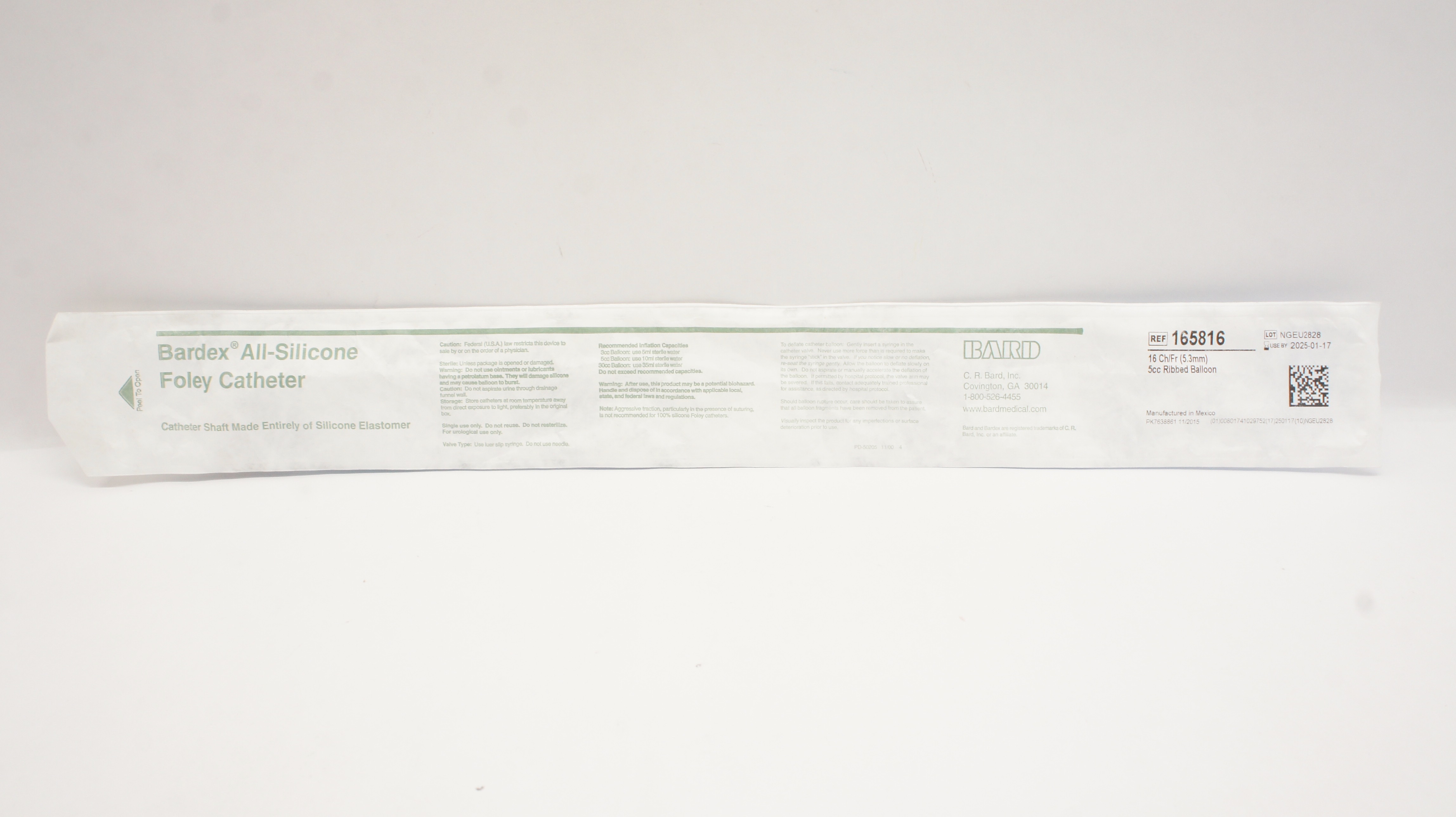 Bard 165816 Bardex All-Silicone Foley Cath. 16Fr 5cc Ribbed Balloon