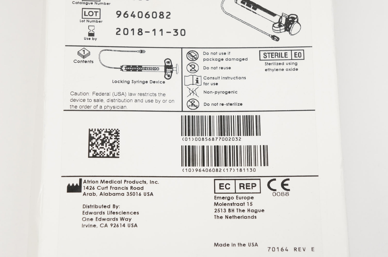 Edwards Lifesciences 96406 Atrion QL 38 Locking Syringe Device (x)