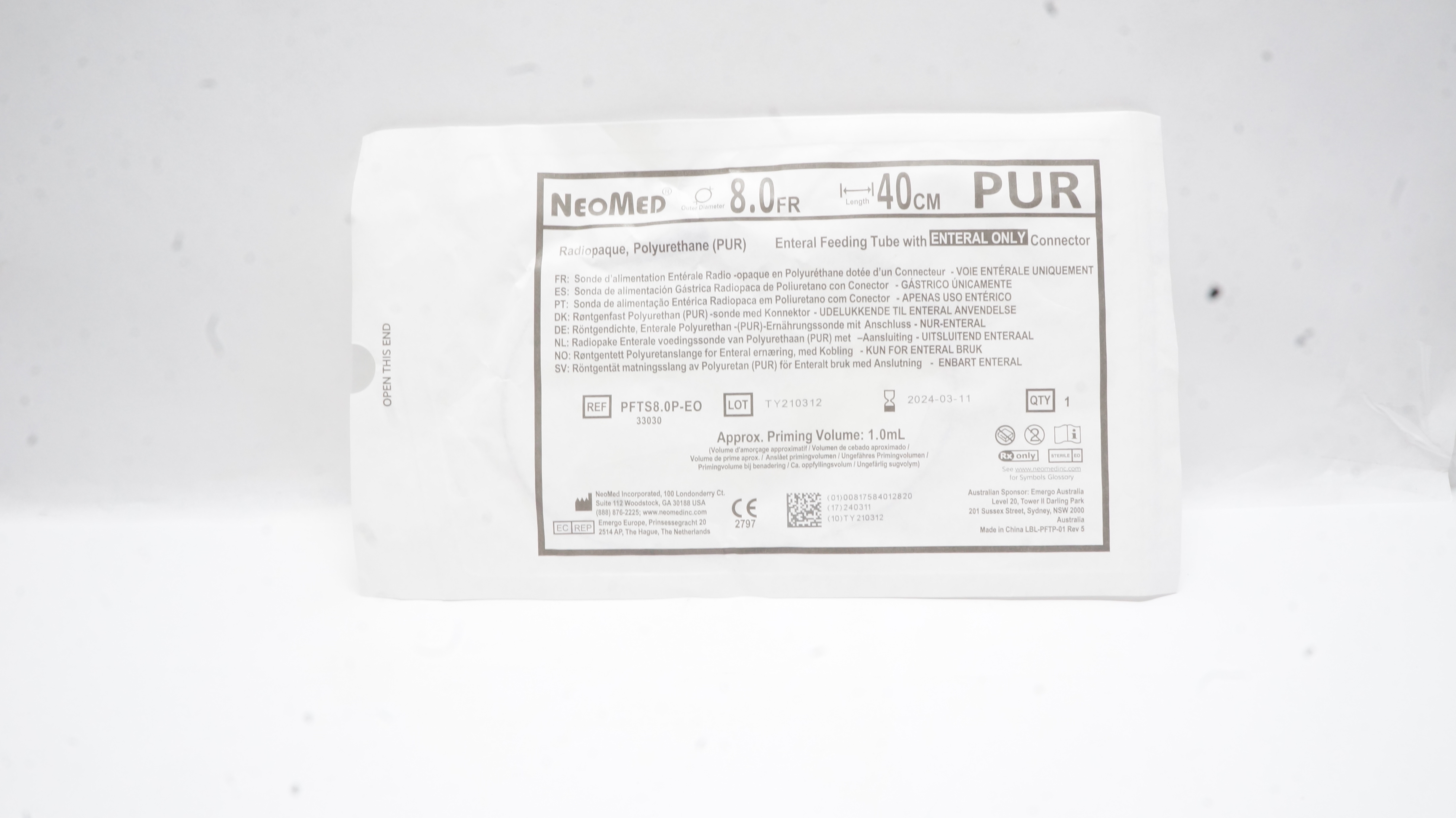 NeoMed PFTS8.0P-EO Polyurethane Enteral Feeding Tube w/Connector 8.0Fr x 40cm(x)