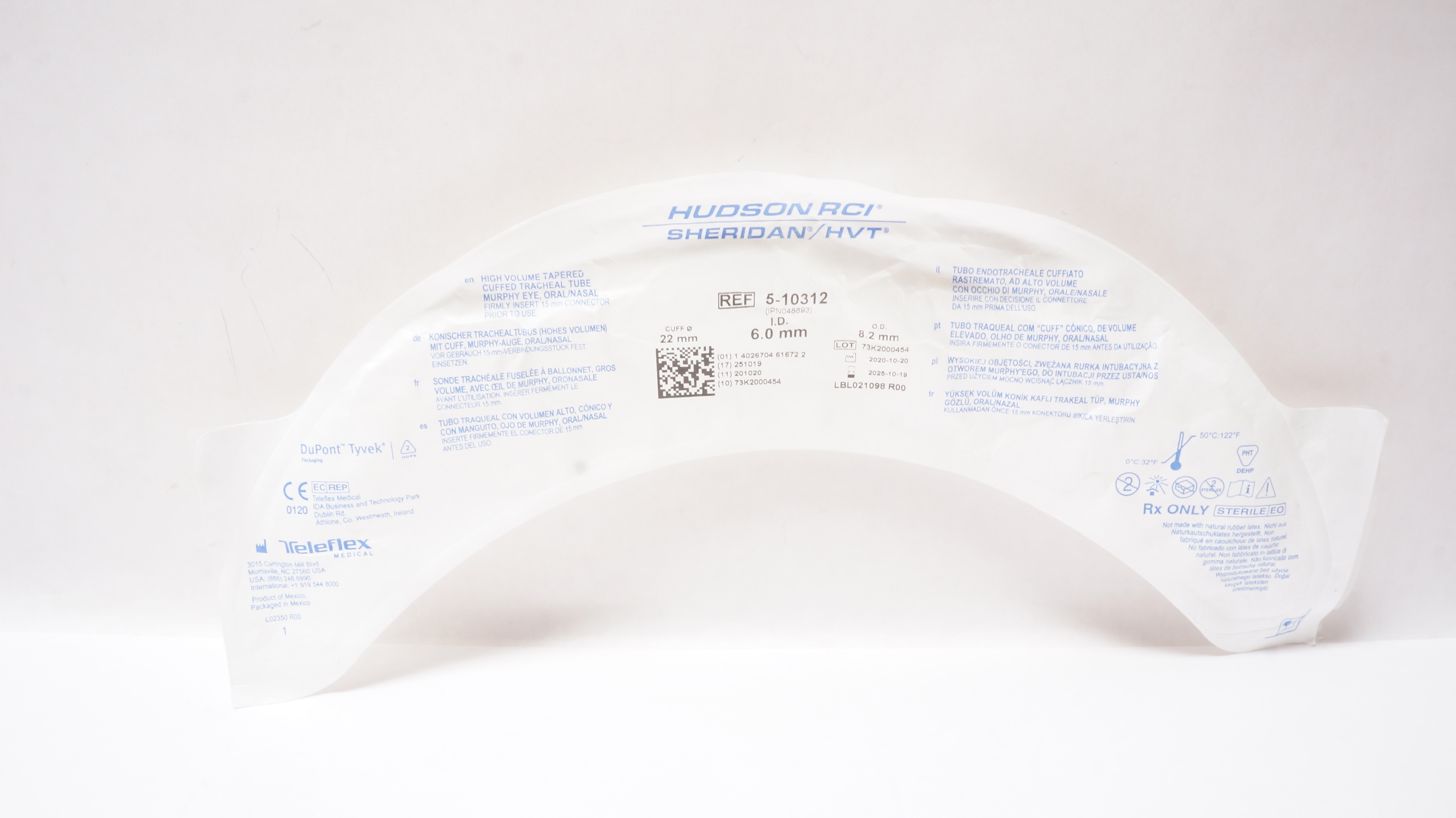 Teleflex 5-10312 Hudson RCI Sheridan HVT Cuffed Tracheal Tube 6.0x8.2x22 mm