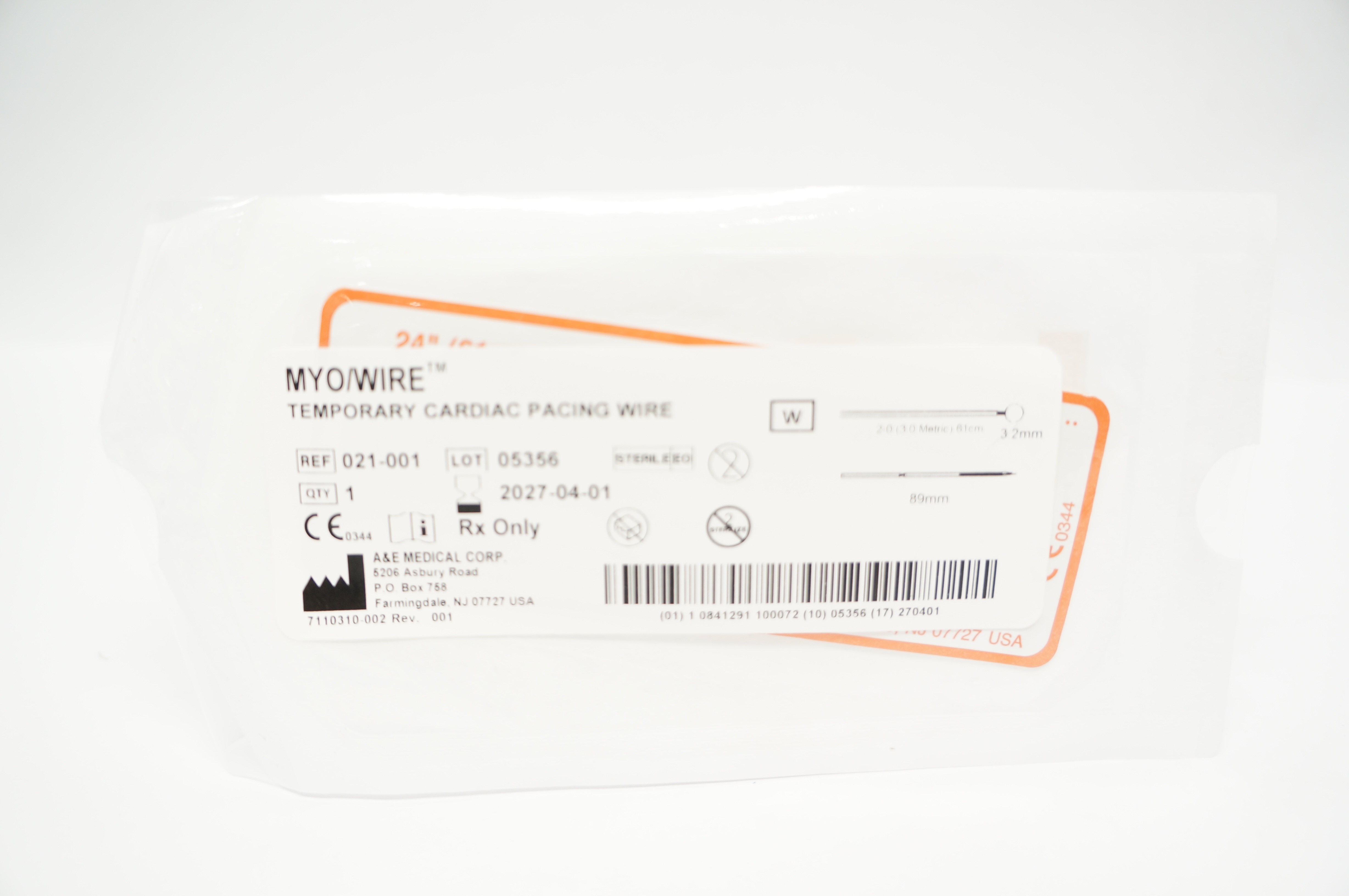 A&E Medical 021-001 2-0 MYO/Wire Temporary Cardiac Pacing Wire 61cm x 3.2 x 89mm