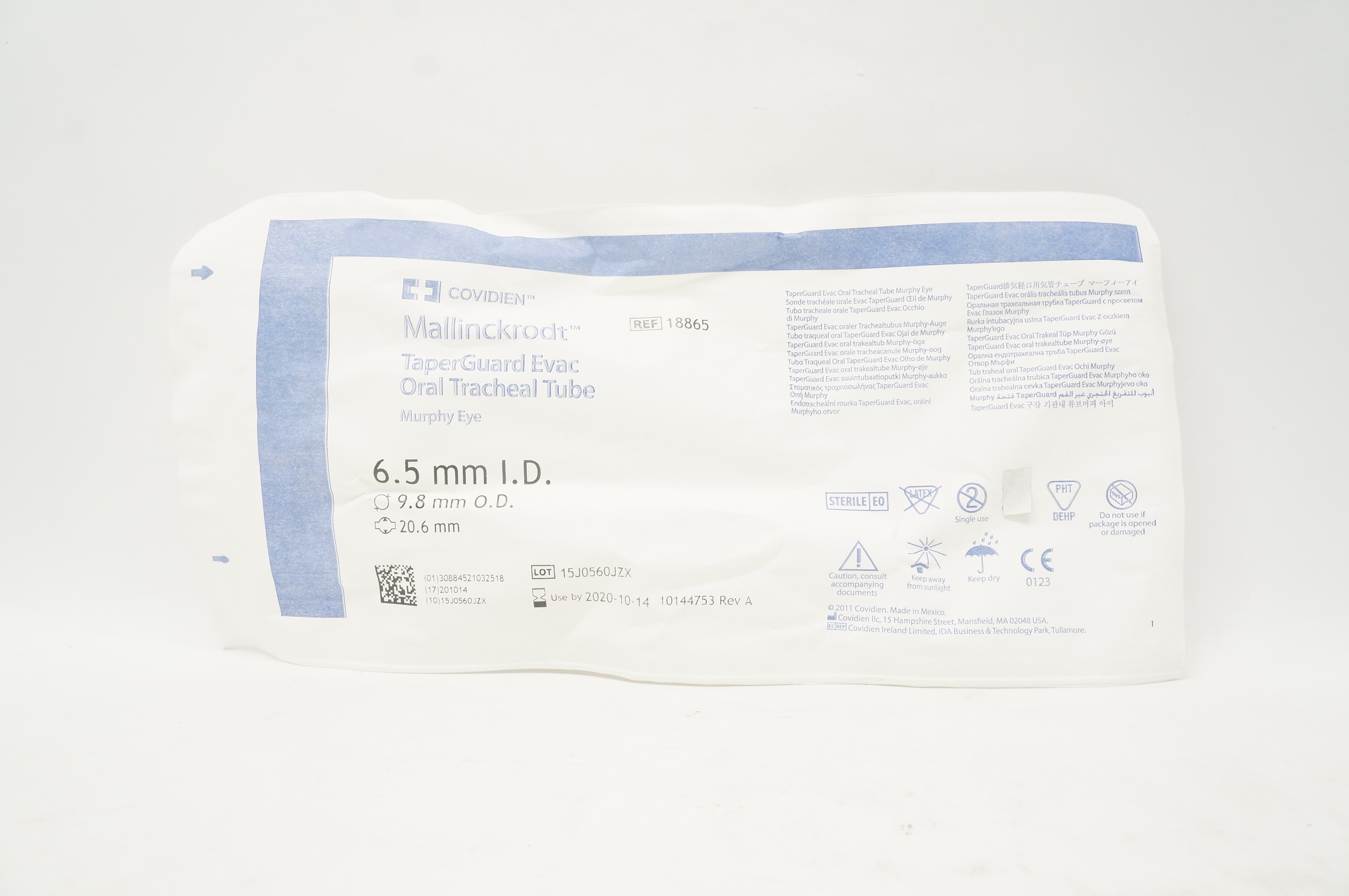 Covidien 18865 Mallinckrodt TaperGuard Evac Oral Tracheal Tube 6.5mm x 9.8mm (x)