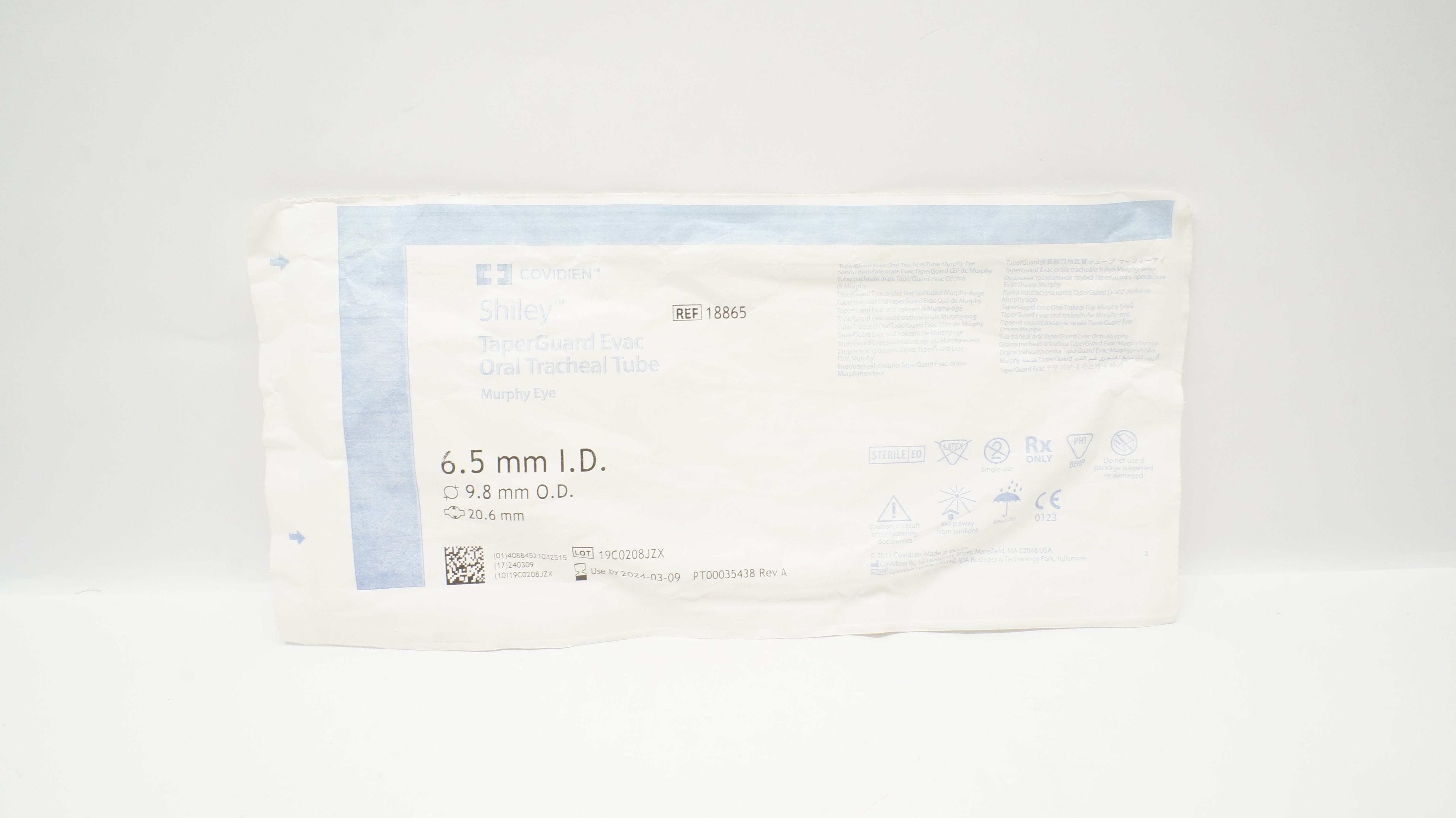 Covidien 18865 Shiley TaperGuard Evac Oral Tracheal Tube 6.5ID x 9.8ODx 20.6mm(x)