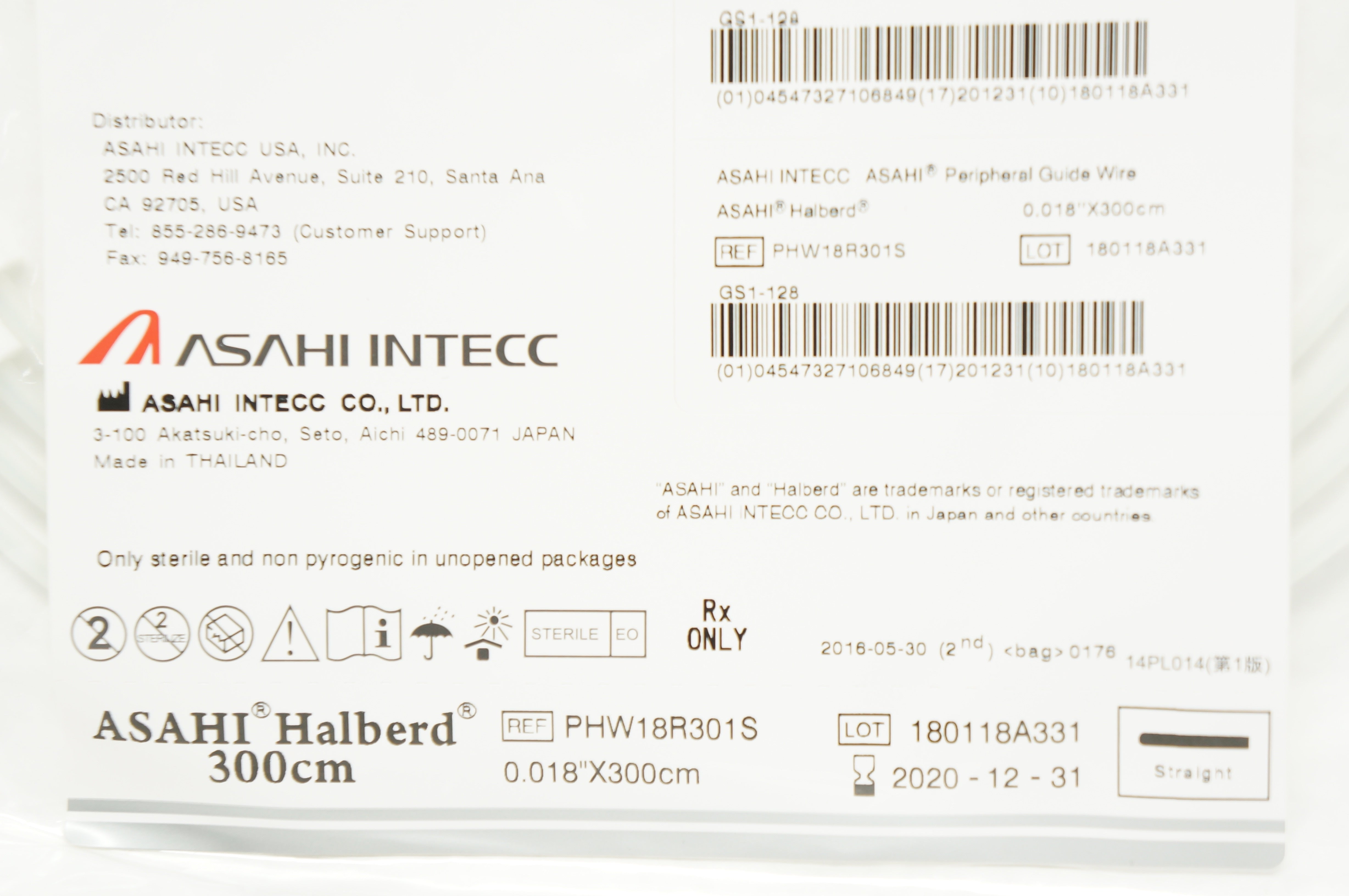 Asahi Intecc PHW18R301S Peripheral Guide Wire 0.018in. x 300 cm (x)