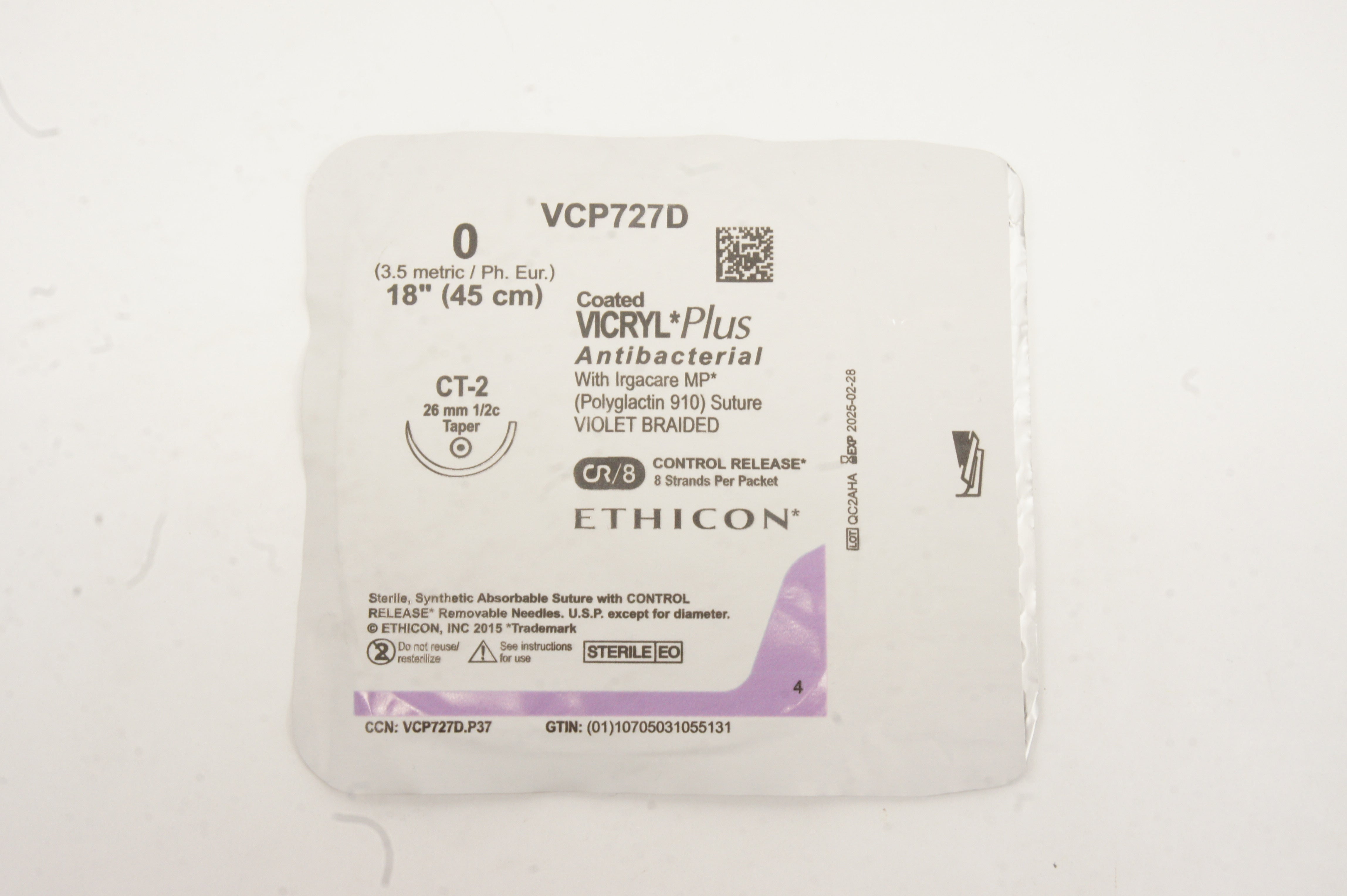 Ethicon VCP727D 0 Coated VICRYL Polyglactin Stre CT-2 26mm 1/2c Taper, 18inch