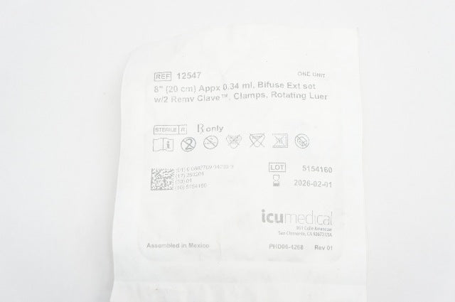 ICU Medical 12547 Extension Set w/2 Remv Clave Clamps Rotating Luer 8inchx0.34ml