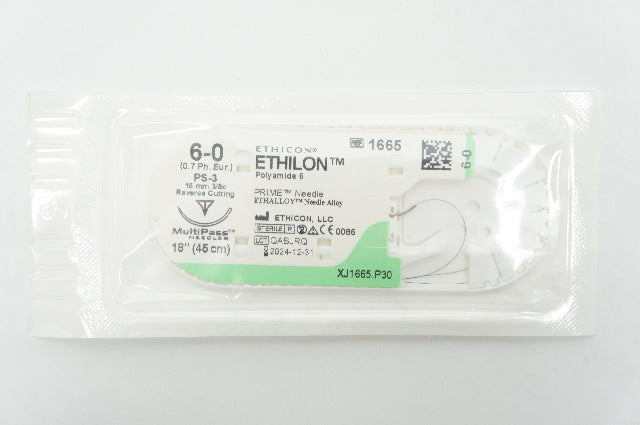 Ethicon 1665 6-0 ETHILON, PS-3, 16mm 3/8c Reverse Cutting, 18inch (x)