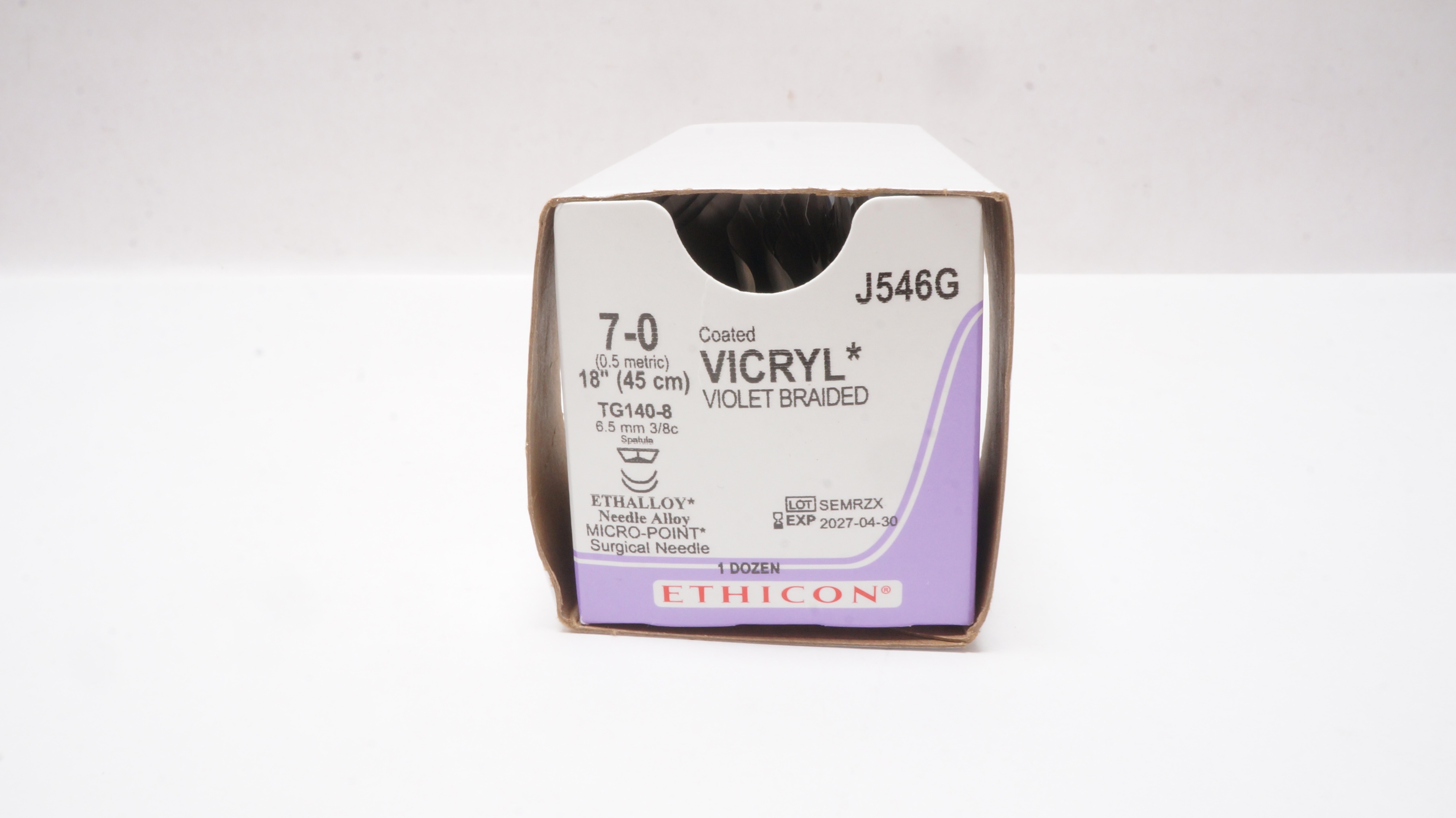 Ethicon J546G 7-0 Vicryl, TG140-8, 6.5mm 3/8c Spatula, 18inch  - Box of 12