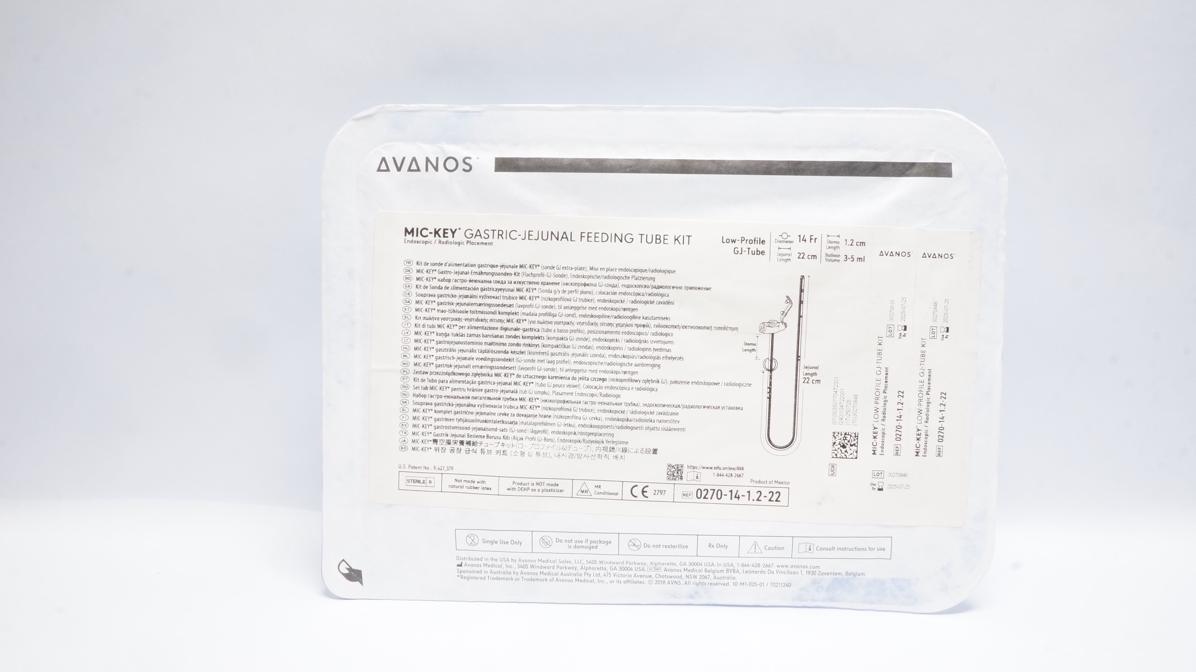 Avanos 0270-14-1.2-22 Mic-Key Gastric-Jejunal Feeding Tube Kit 14Fr x 22cm