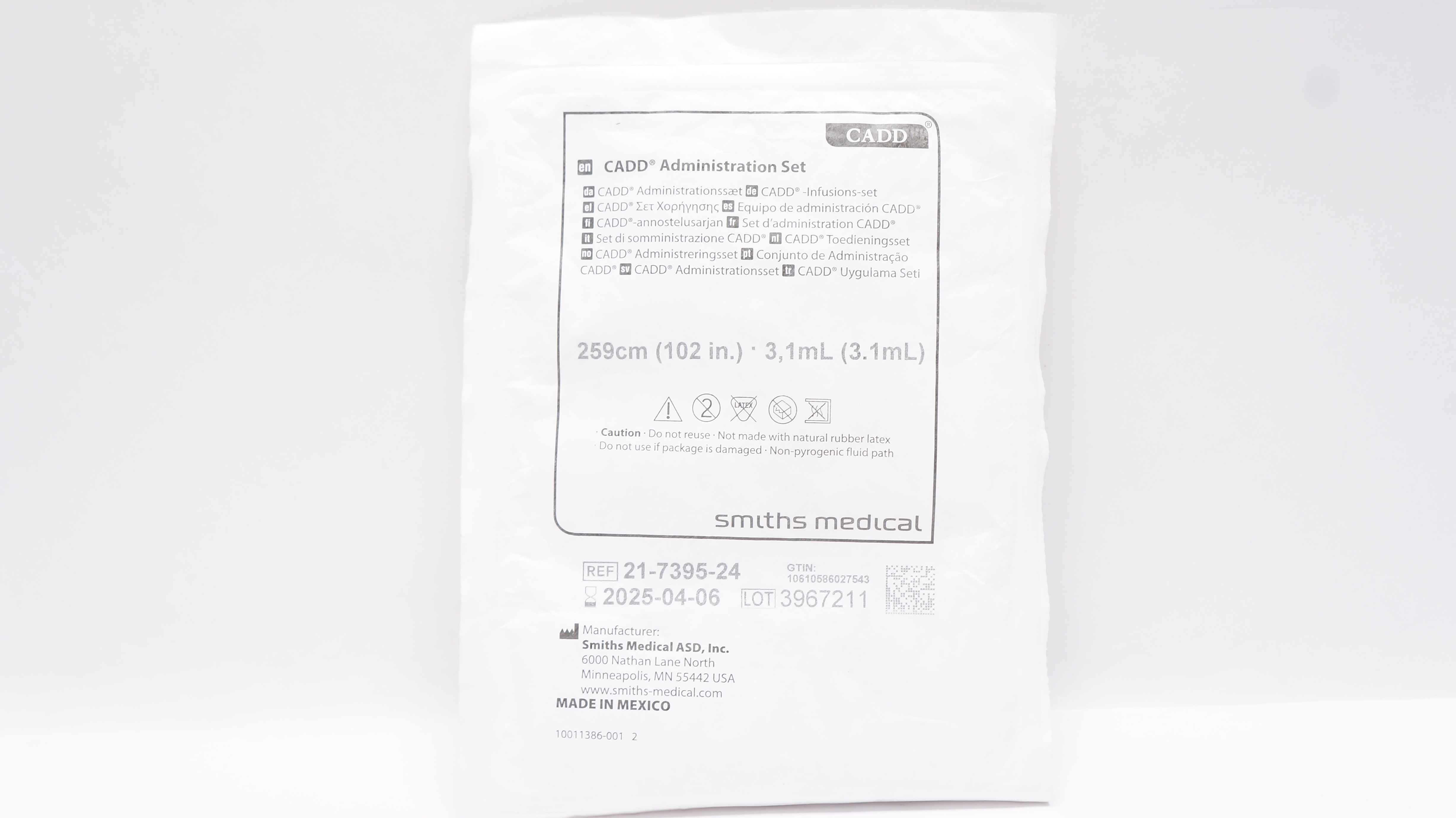 Smiths Medical 21-7395-24 CADD Administration Set 102inch x 3.1mL