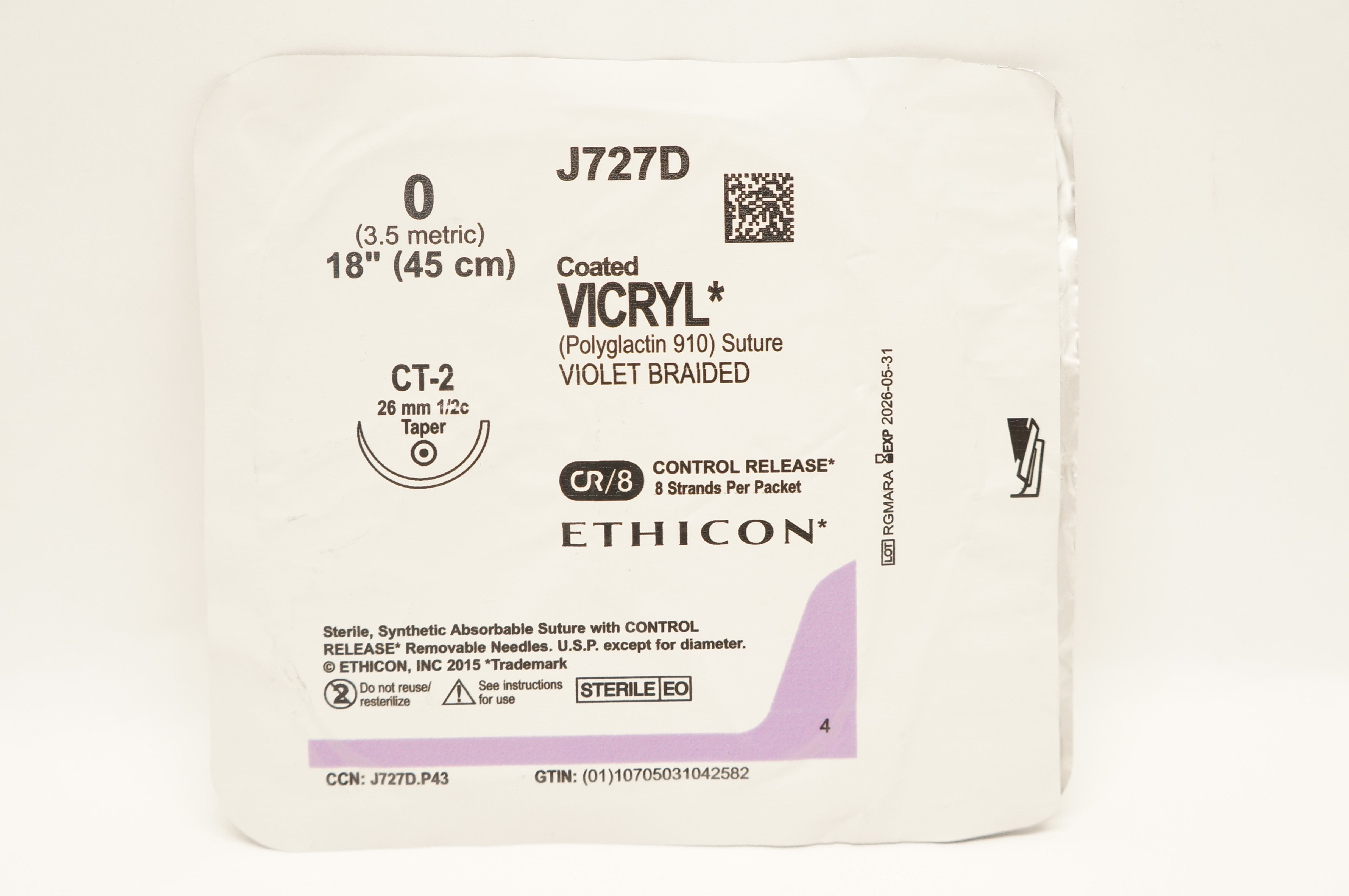 Ethicon J727D 0 Coated VICRYL Polyglactin Stre CT-2 26mm 1/2c Taper 18inch