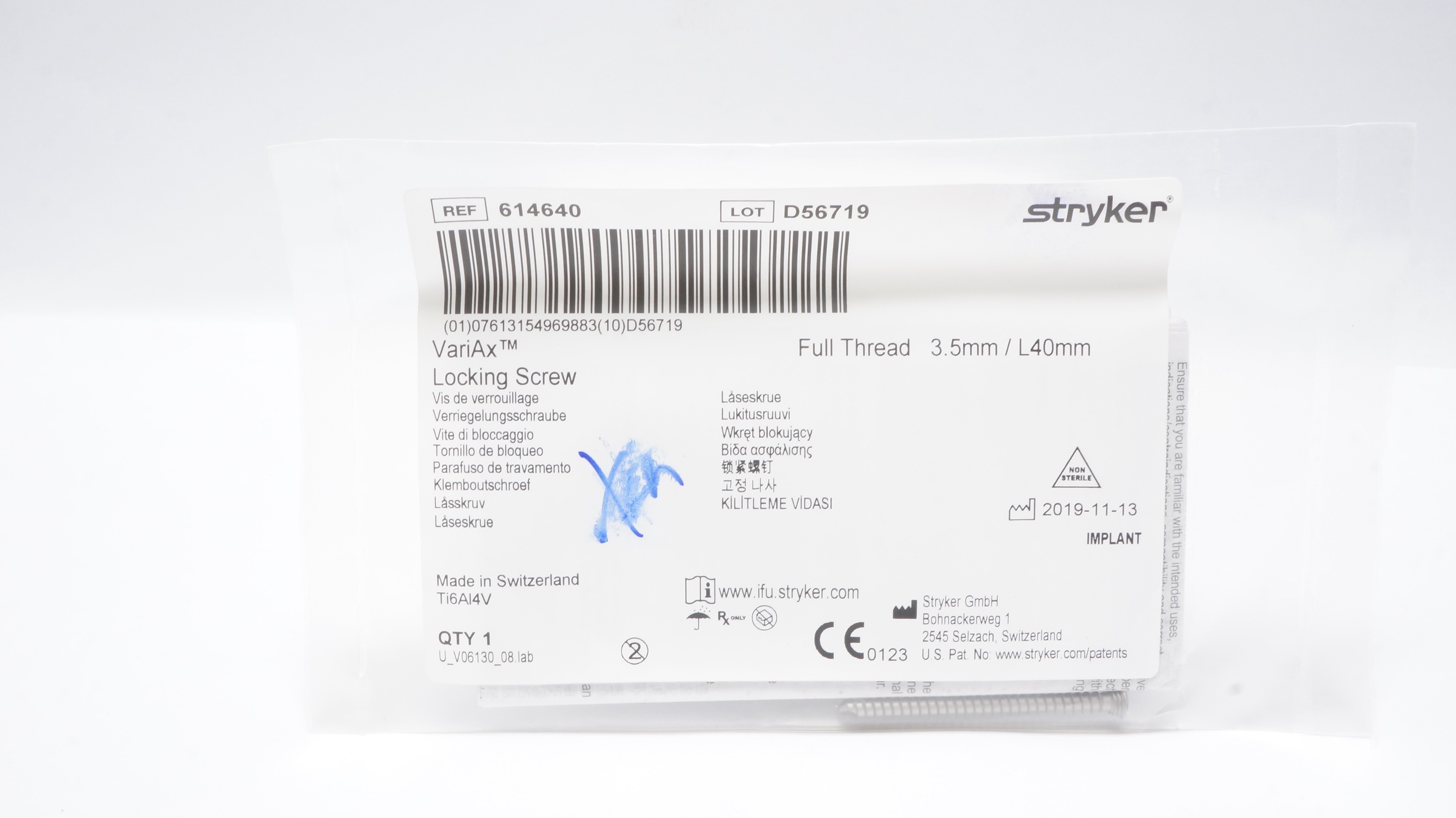 Stryker 614640 VariAx Locking Screw , Full Thread 3.5mm/ L40mm