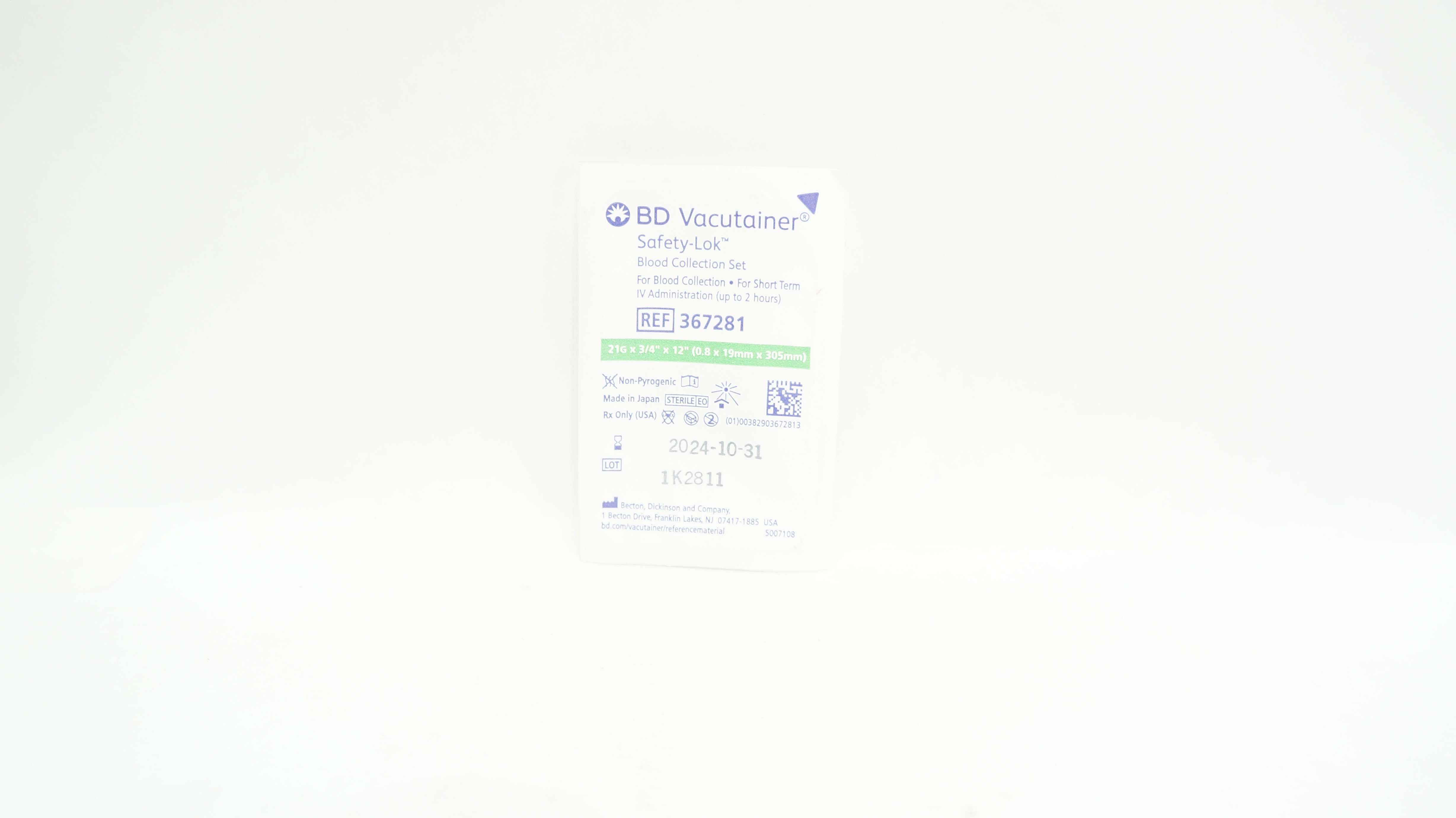 BD 367281 Vacutainer Safety-Lok Blood Collection Set 21G x 3/4inch x 12inch