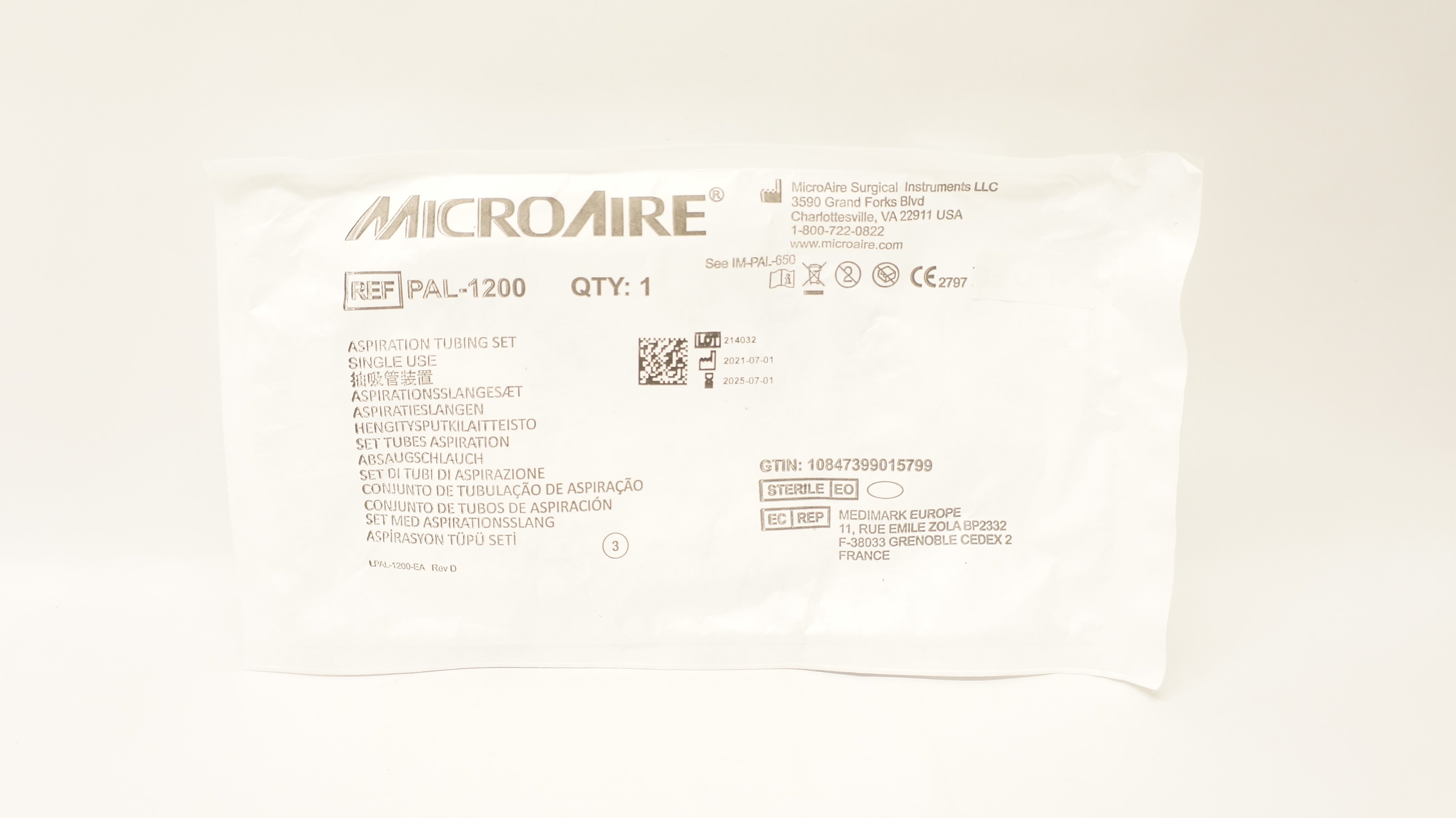 MicroAire PAL-1200 Aesthetics Aspiration Tubing Set