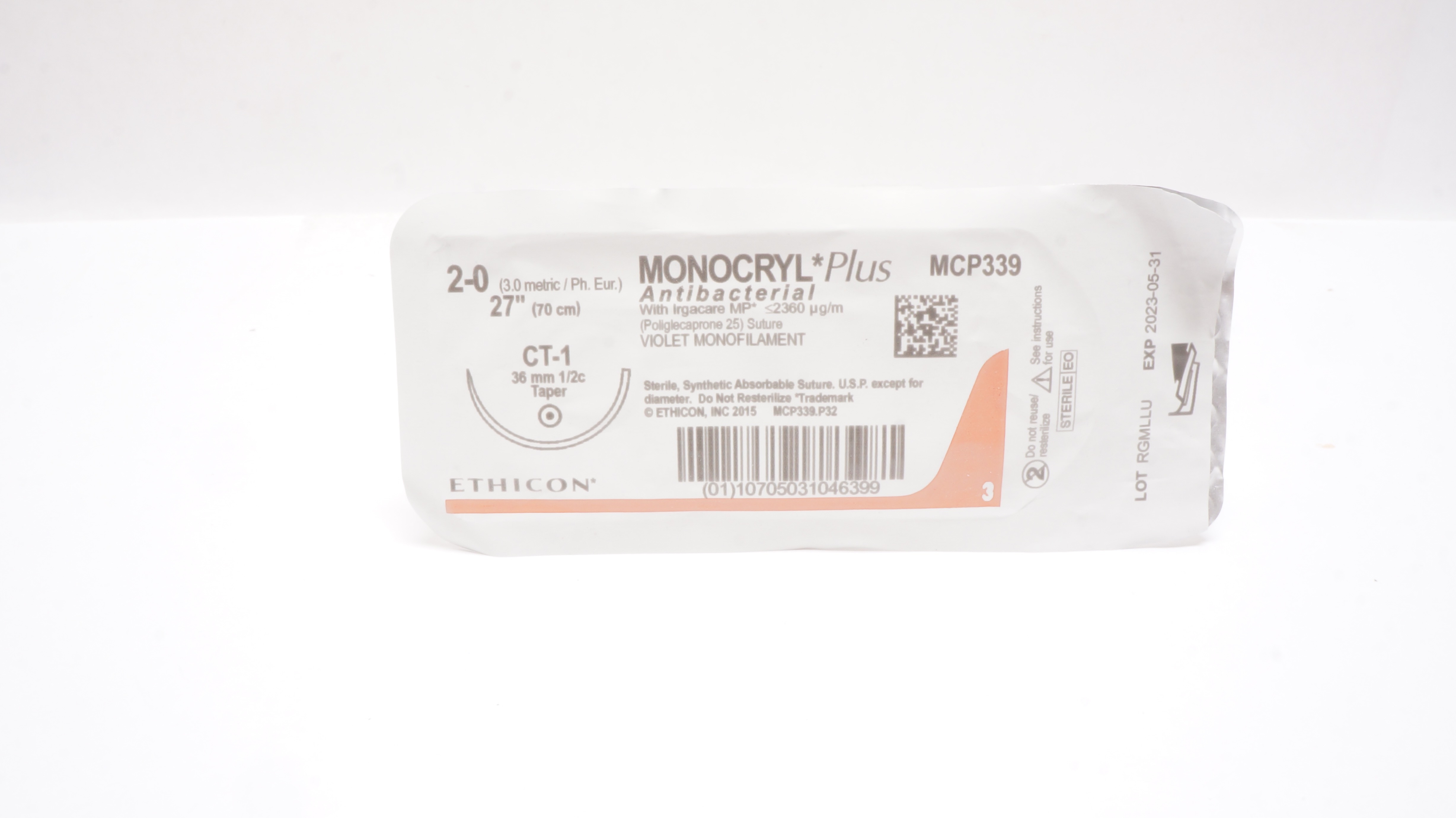 Ethicon MCP339 2-0 MONOCRYL Plus Stre CT-1 36mm 1/2c Taper, 27inch (x)