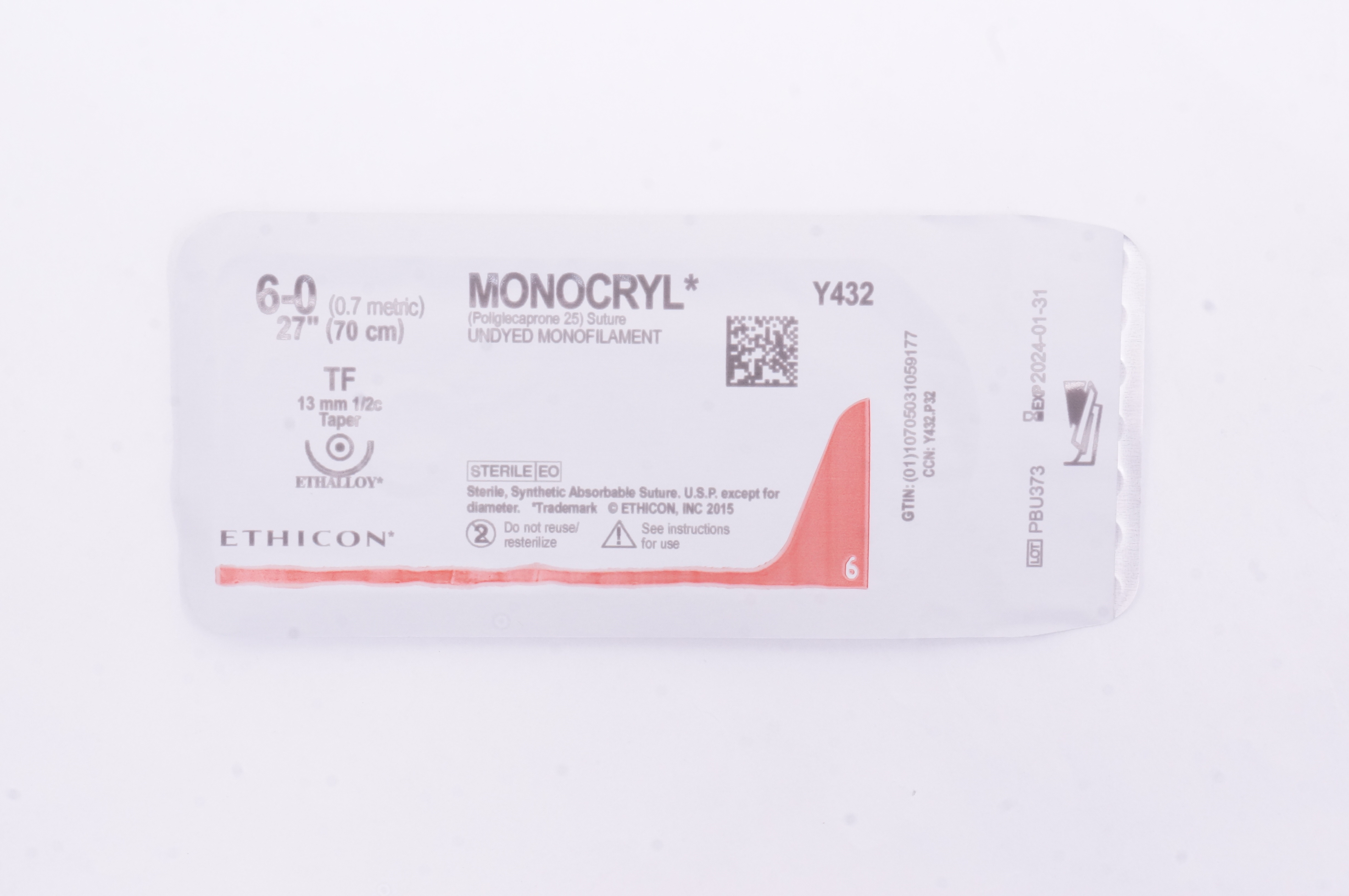 Ethicon Y432 6-0 MONOCRYL Undyed TF 13mm 1/2c Taper, 27inch
