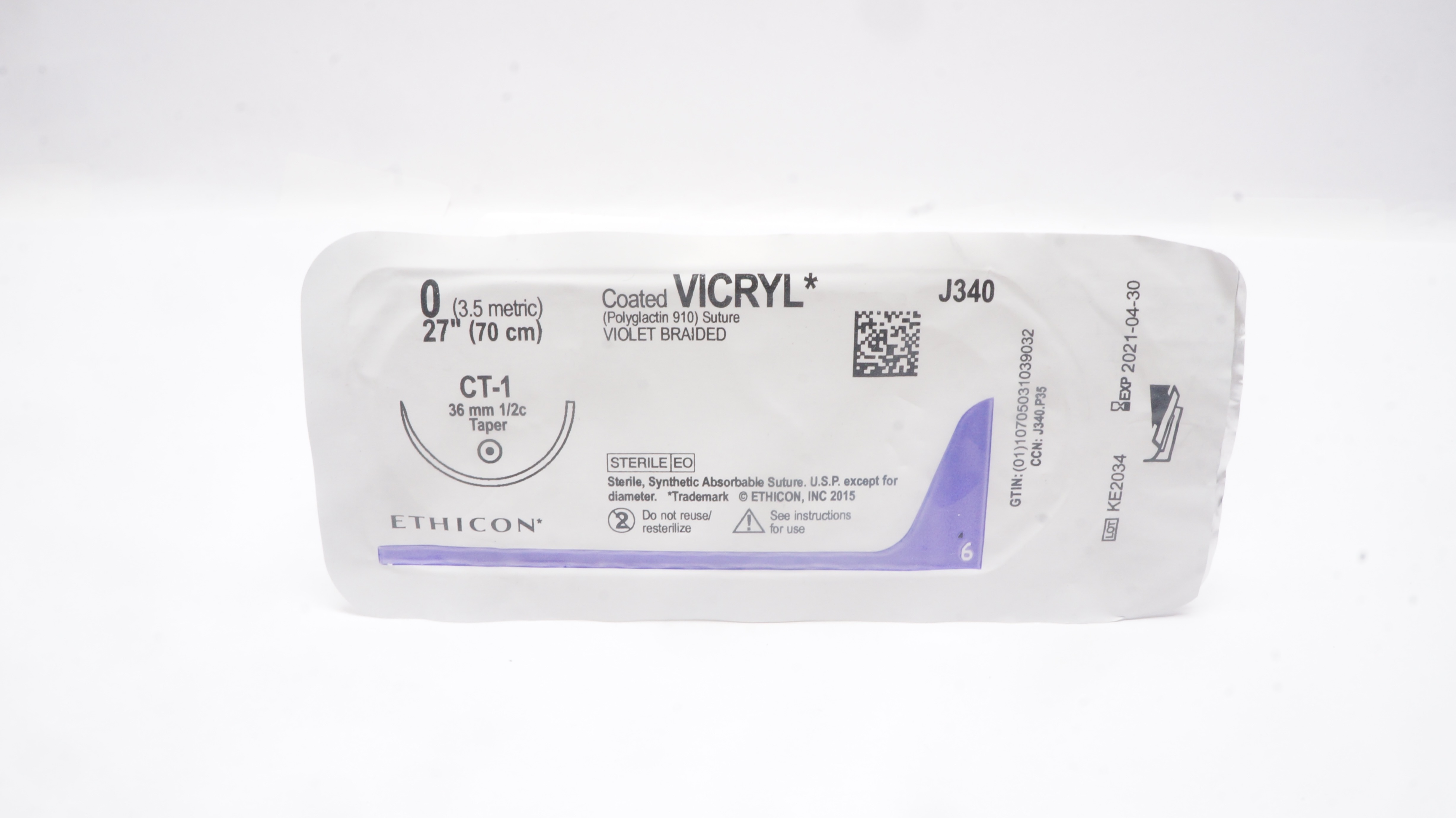 Ethicon J340 0 Coated VICRYL Stre, CT-1 36mm 1/2c Taper, 27inch (x)