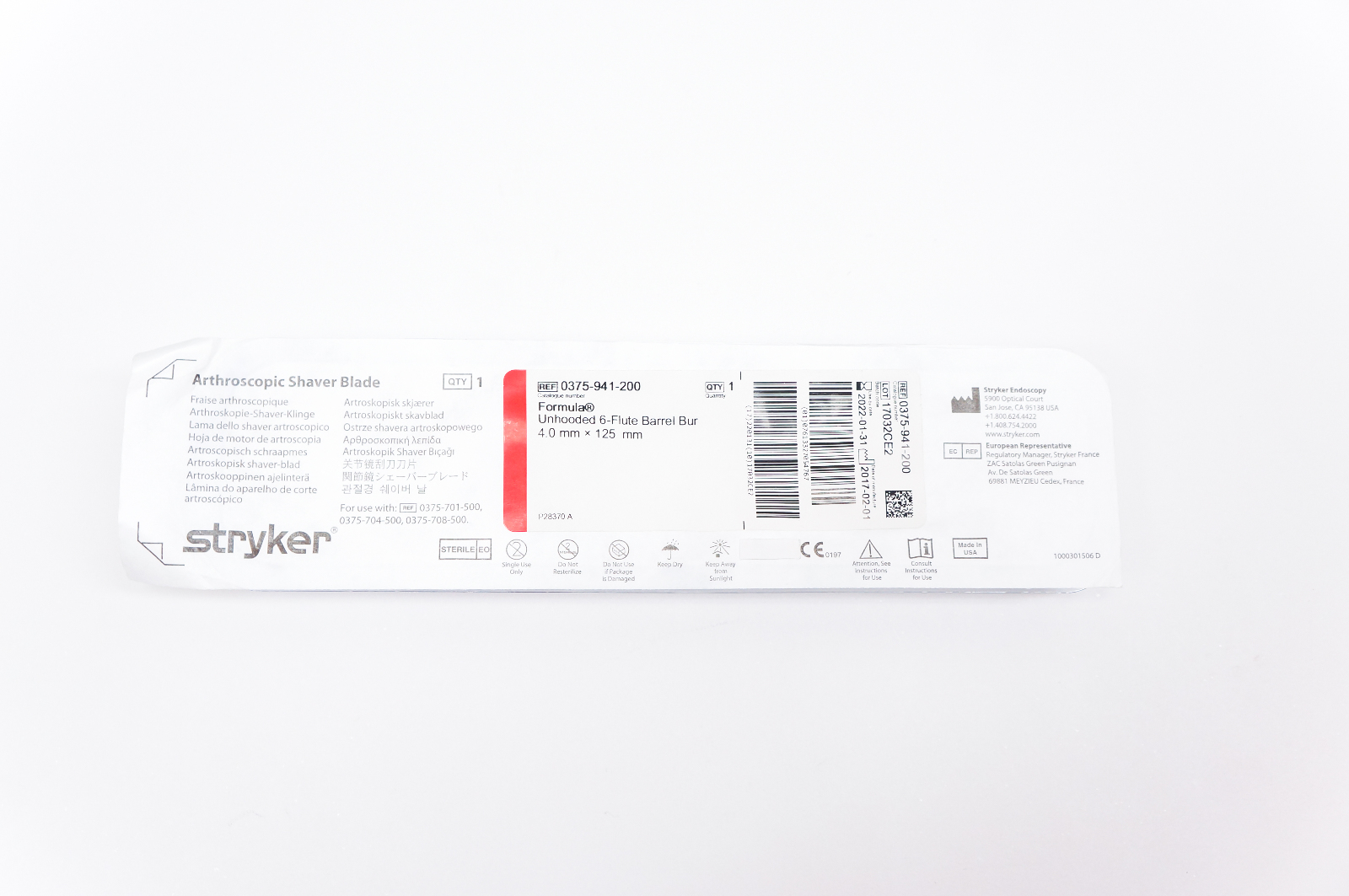 Stryker 0375-941-200 Formula Unhooded 6-Flute Barrel Bur 4.0mm x 125mm