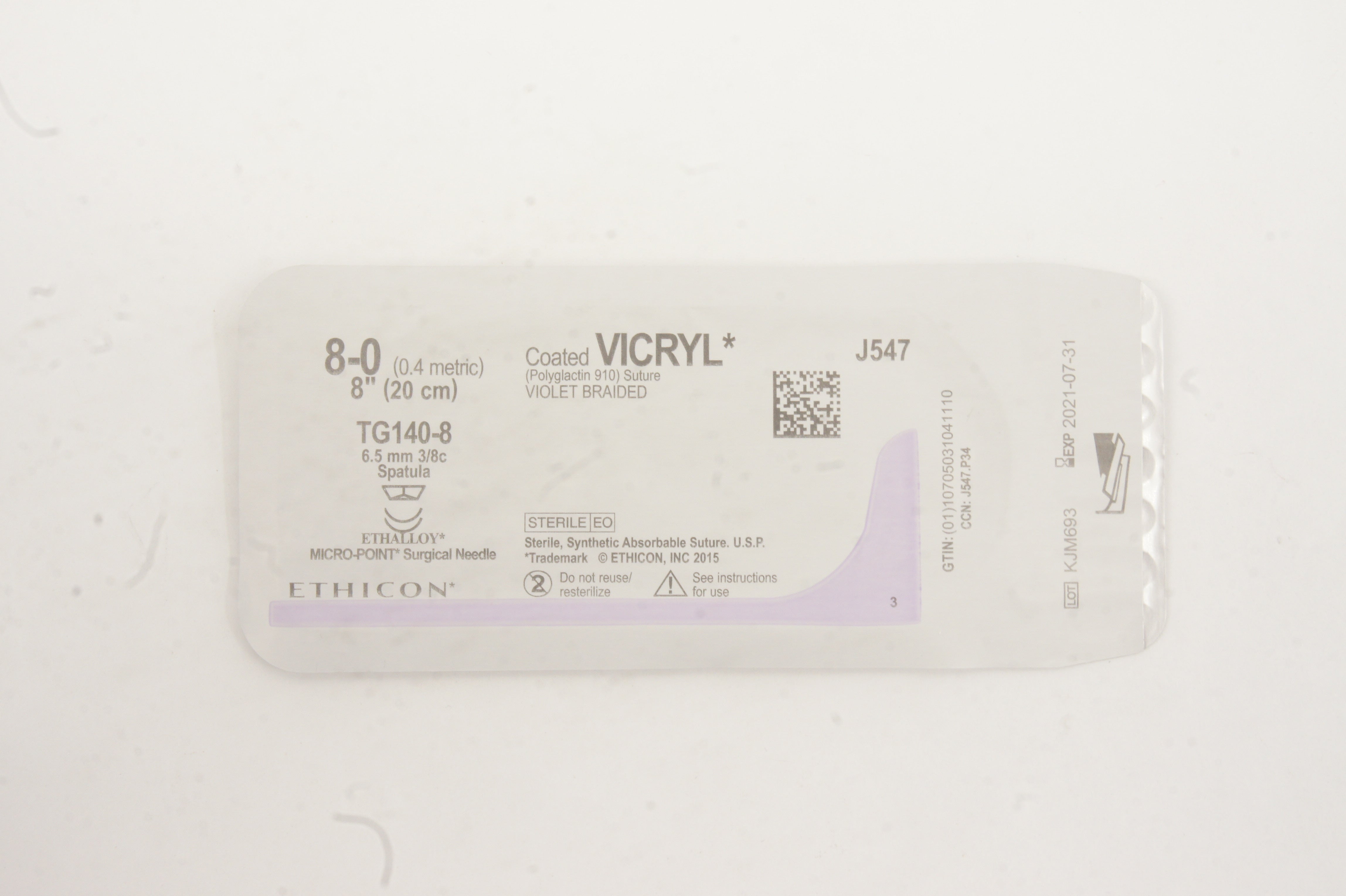 Ethicon J547 8-0 VICRIL TG140-8 6/5mm 3/8c Spatula, 8inch(x)