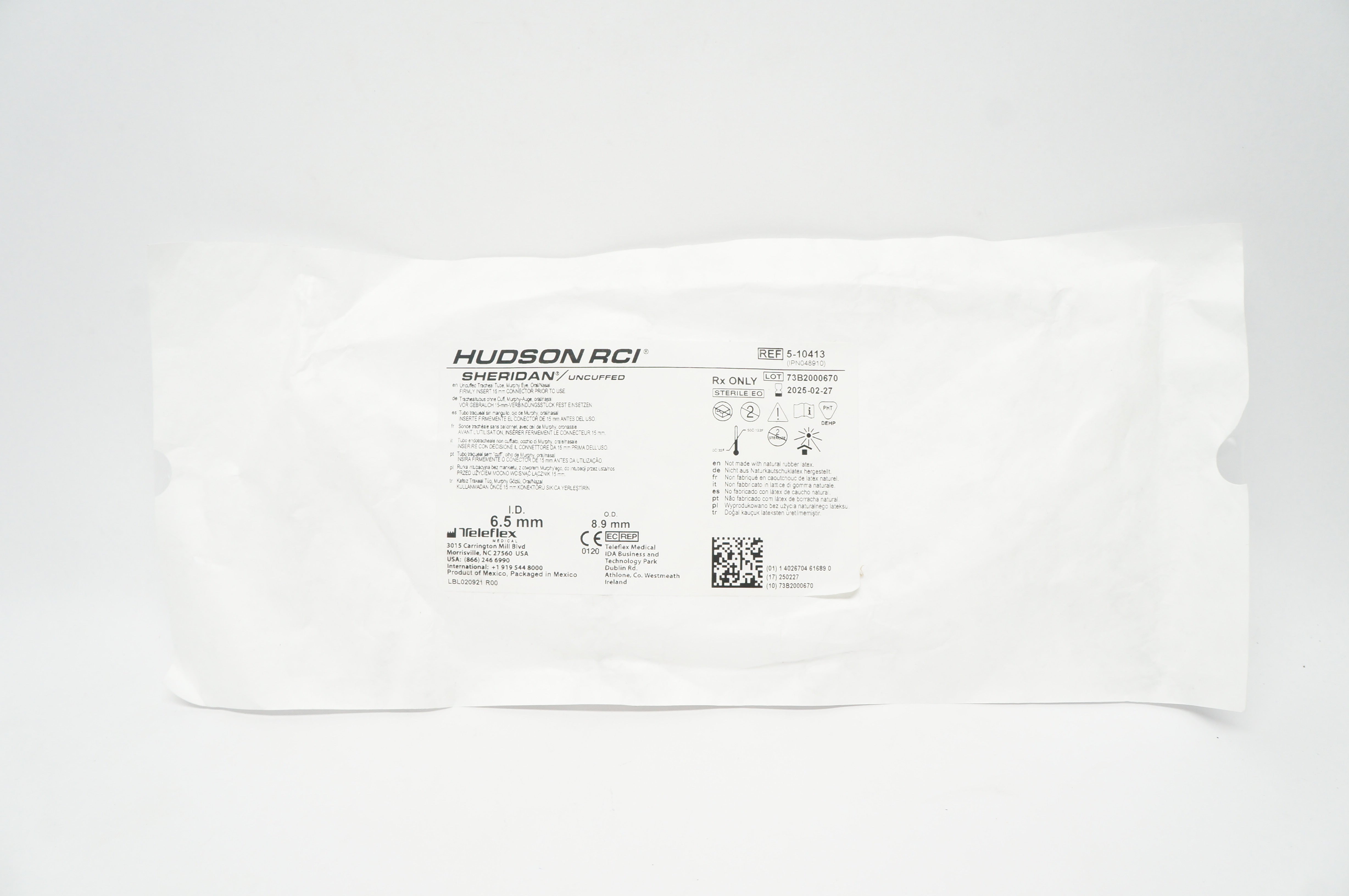 Teleflex 5-10413 Hudson RCI Sheridan Uncuffed Tracheal Tube 6.5mm ID x 8.9mm OD