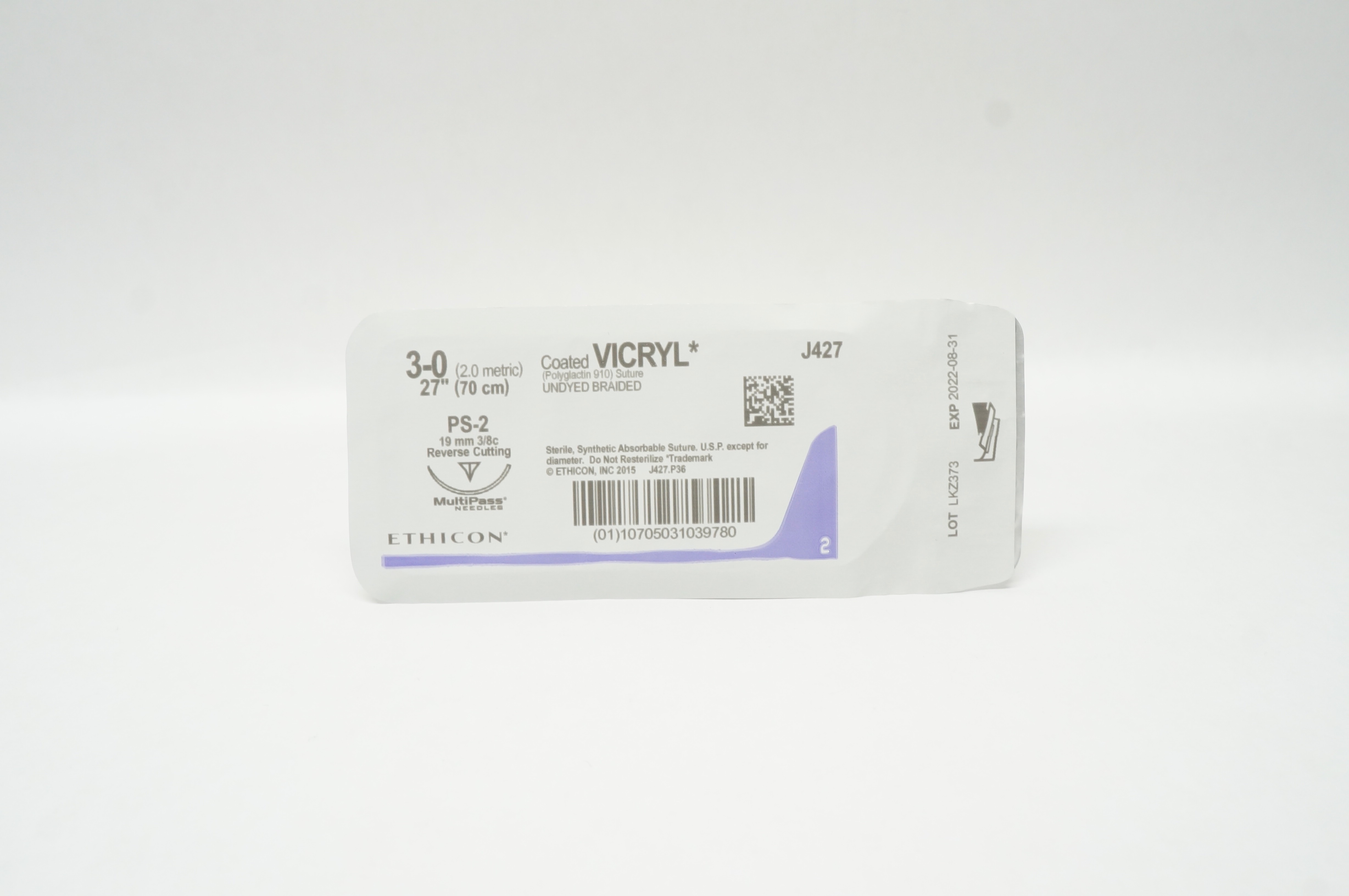 Ethicon J427 3-0 Coated VICRYL, PS-2, 19mm 3/8c Reverse Cutting, 27inch