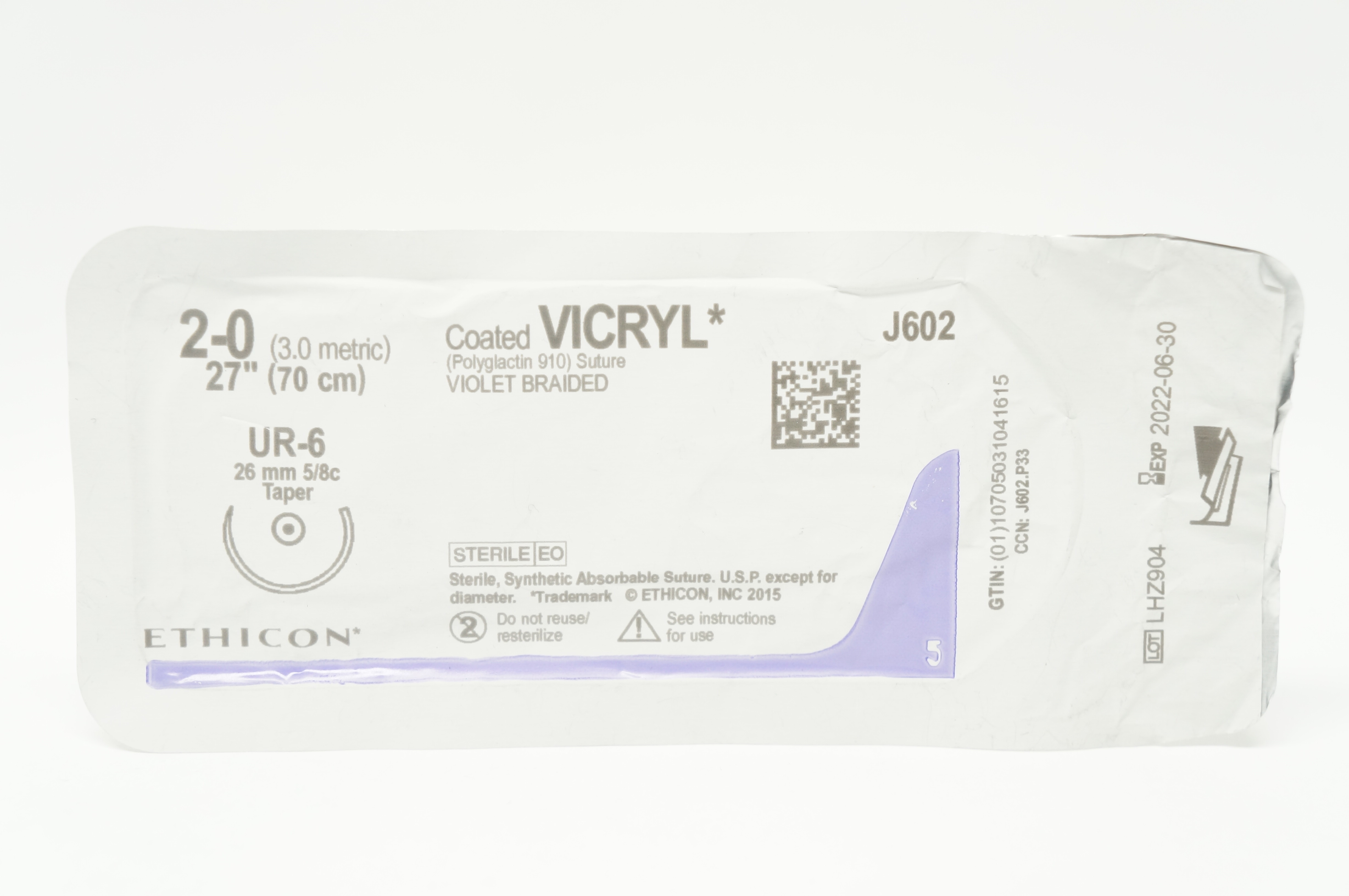 Ethicon J602 2-0 Coated VICRYL UR-6 26mm 5/8c Taper, 27inch