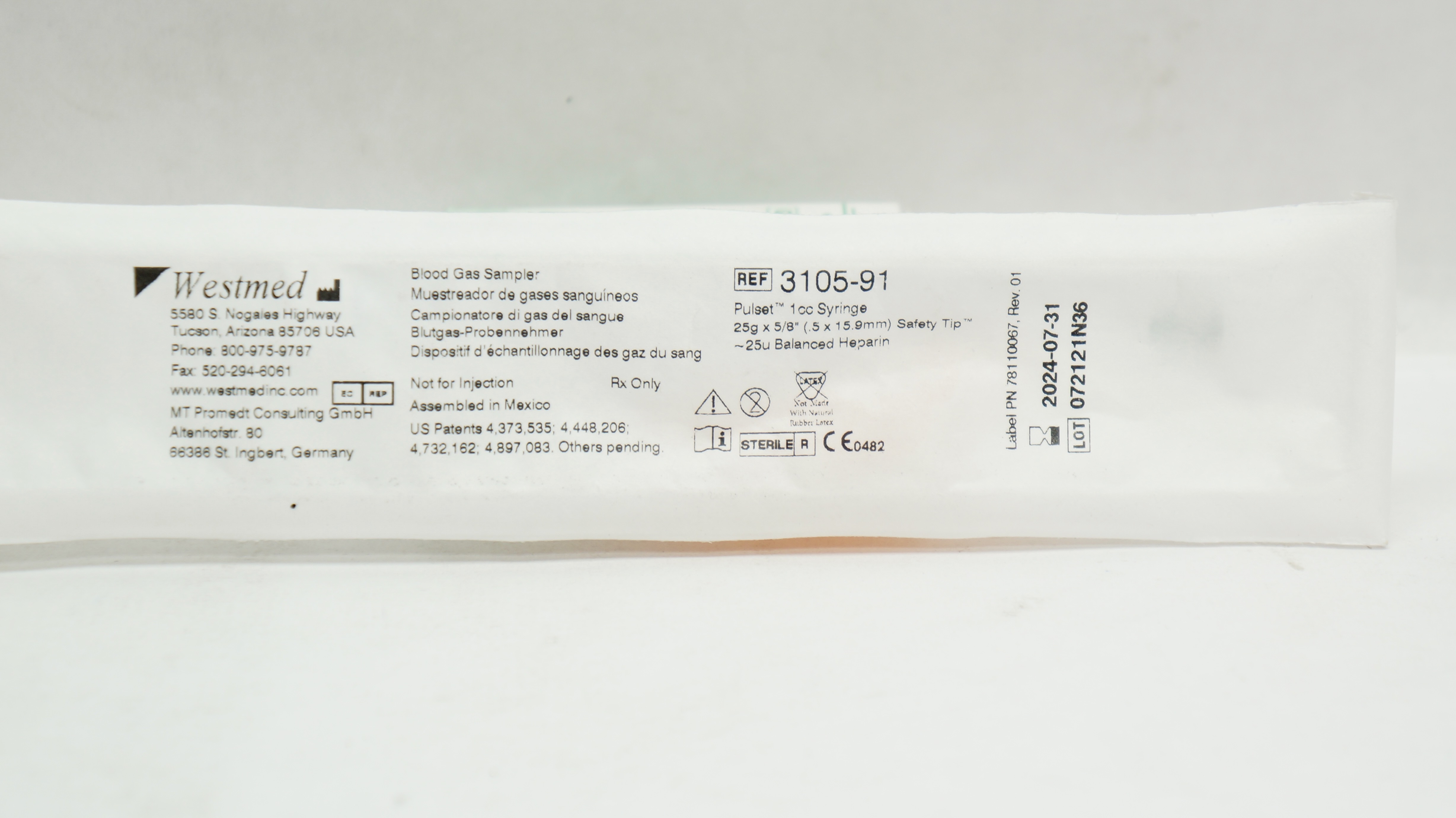WestMed 3105-91 Blood Gas Sampler Pulset 1cc Syringe 25g x 5/8inch Safety Tip