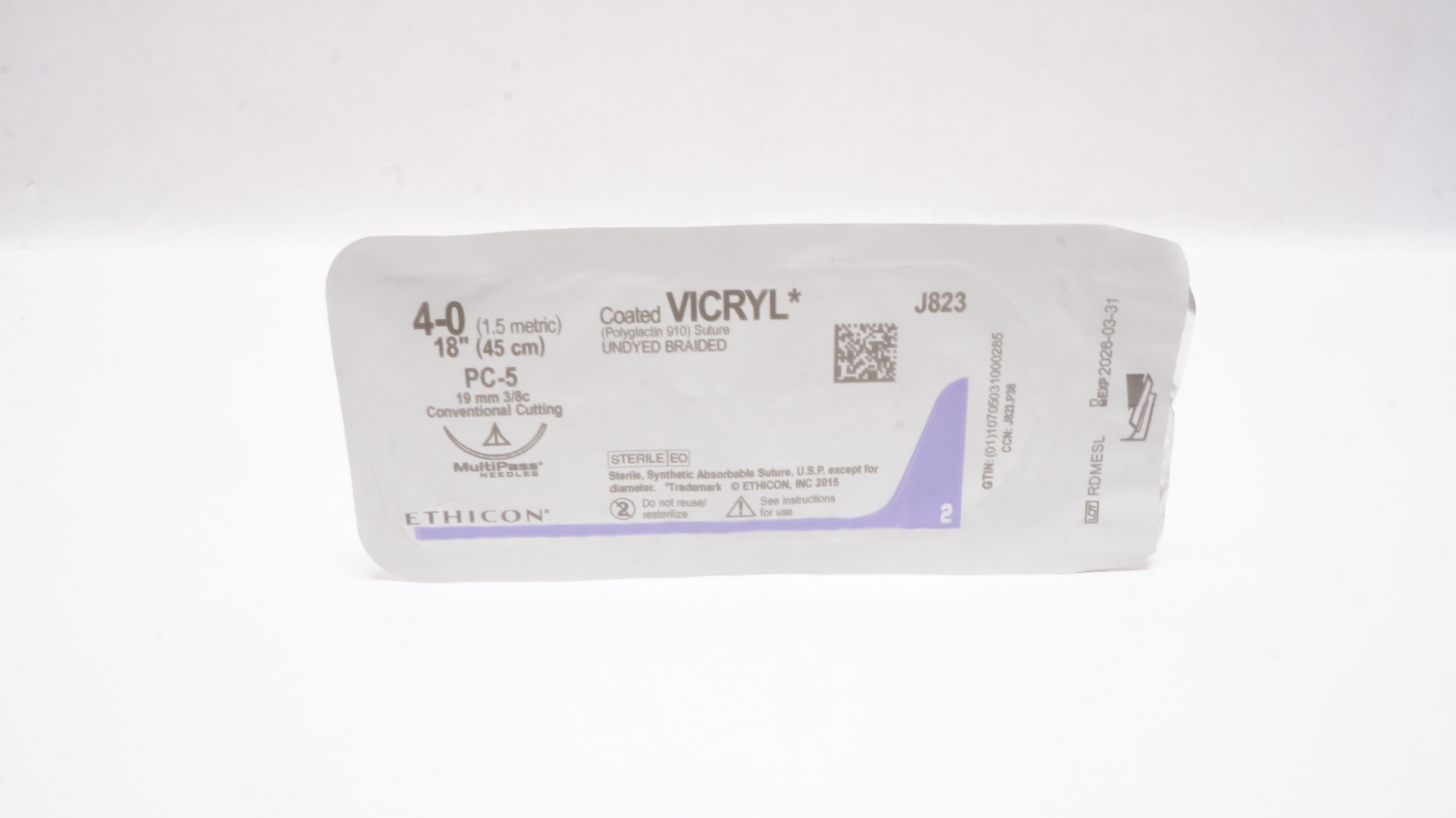 Ethicon J823 4-0 Coated Vicryl PS-5 19mm 3/8c Conventional Cutting, 18inch