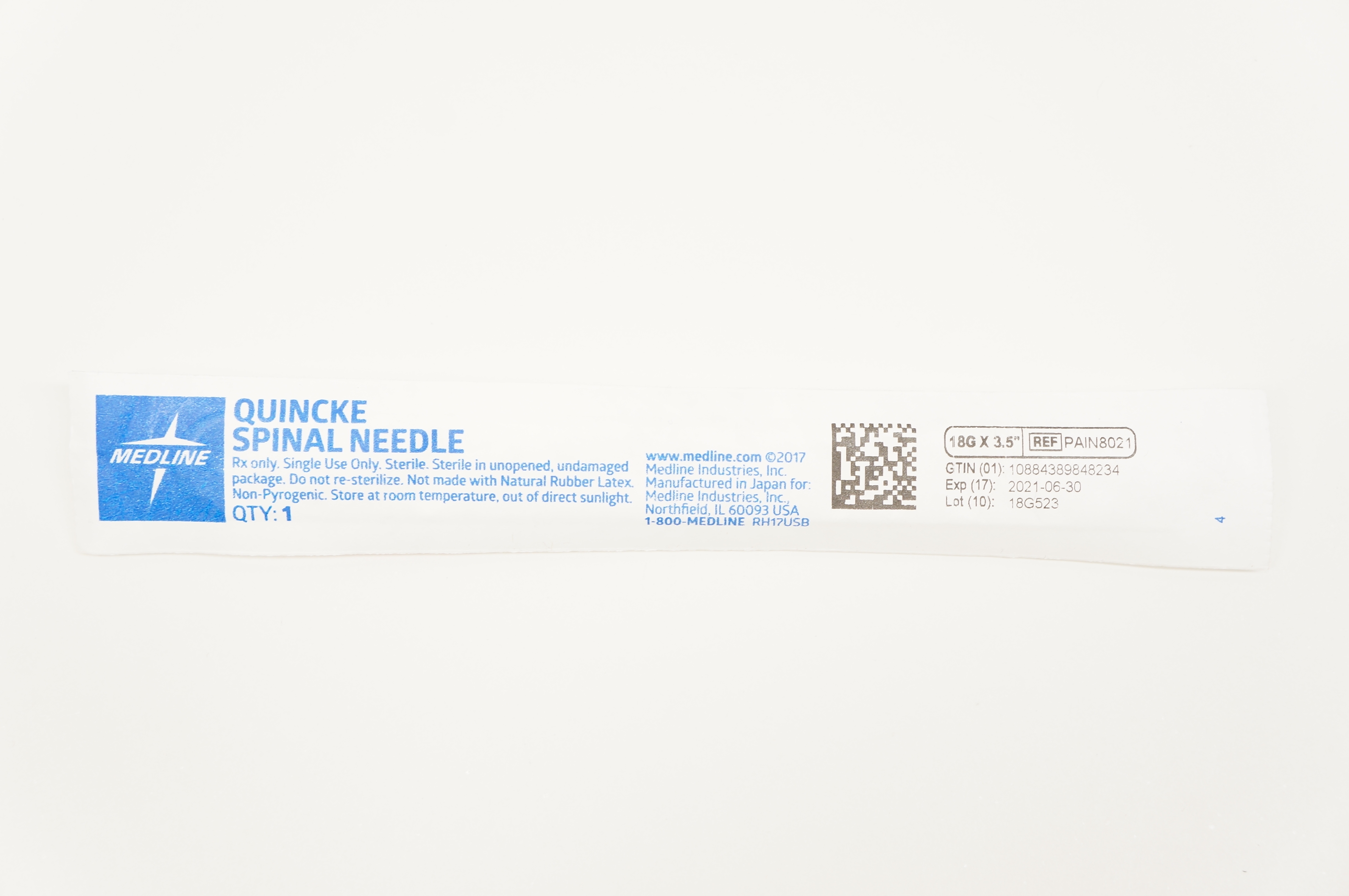Medline PAIN8021 Quincke Spinal Ndle 18G x 3.5inch